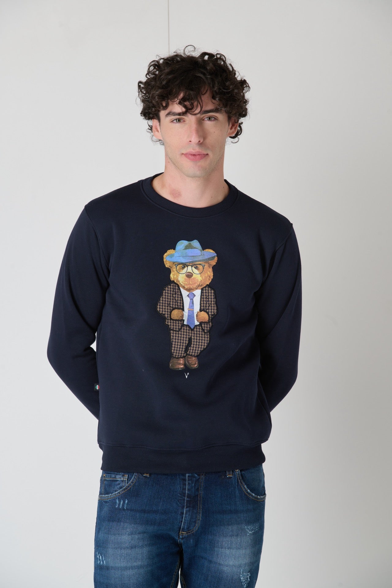 Crewneck Sweatshirt with Embroidered Teddy in V2 Blue Fabric