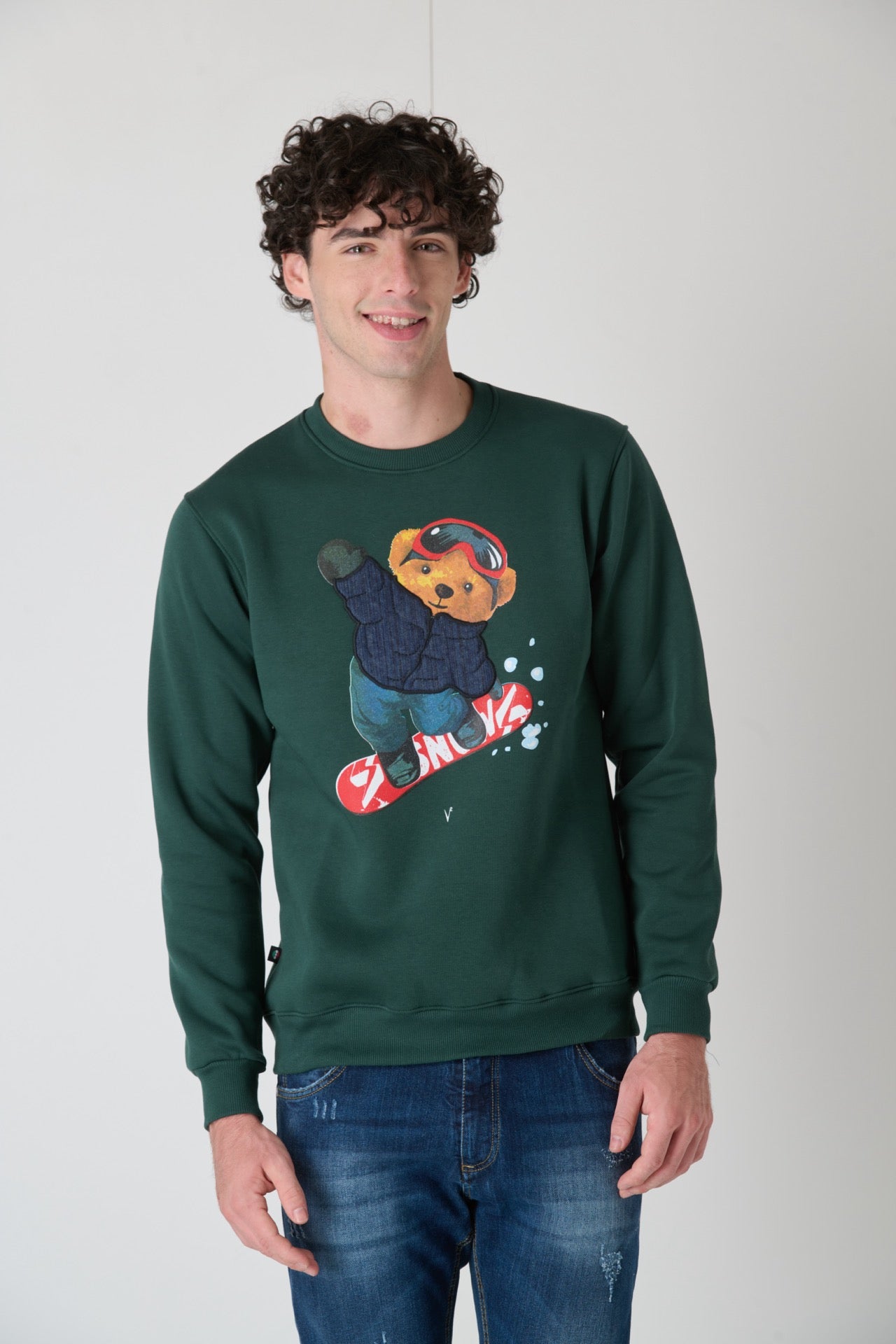 Crewneck Sweatshirt with Embroidered Teddy in V2 Green Fabric