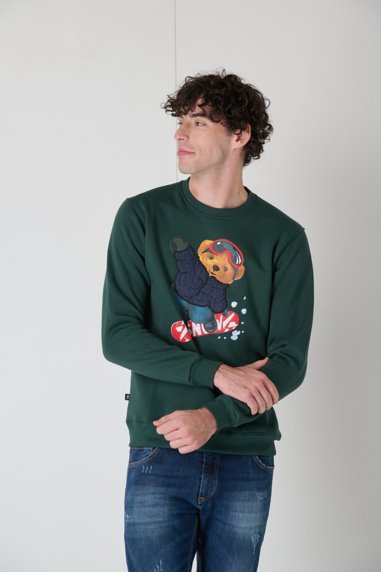 Crewneck Sweatshirt with Embroidered Teddy in V2 Green Fabric