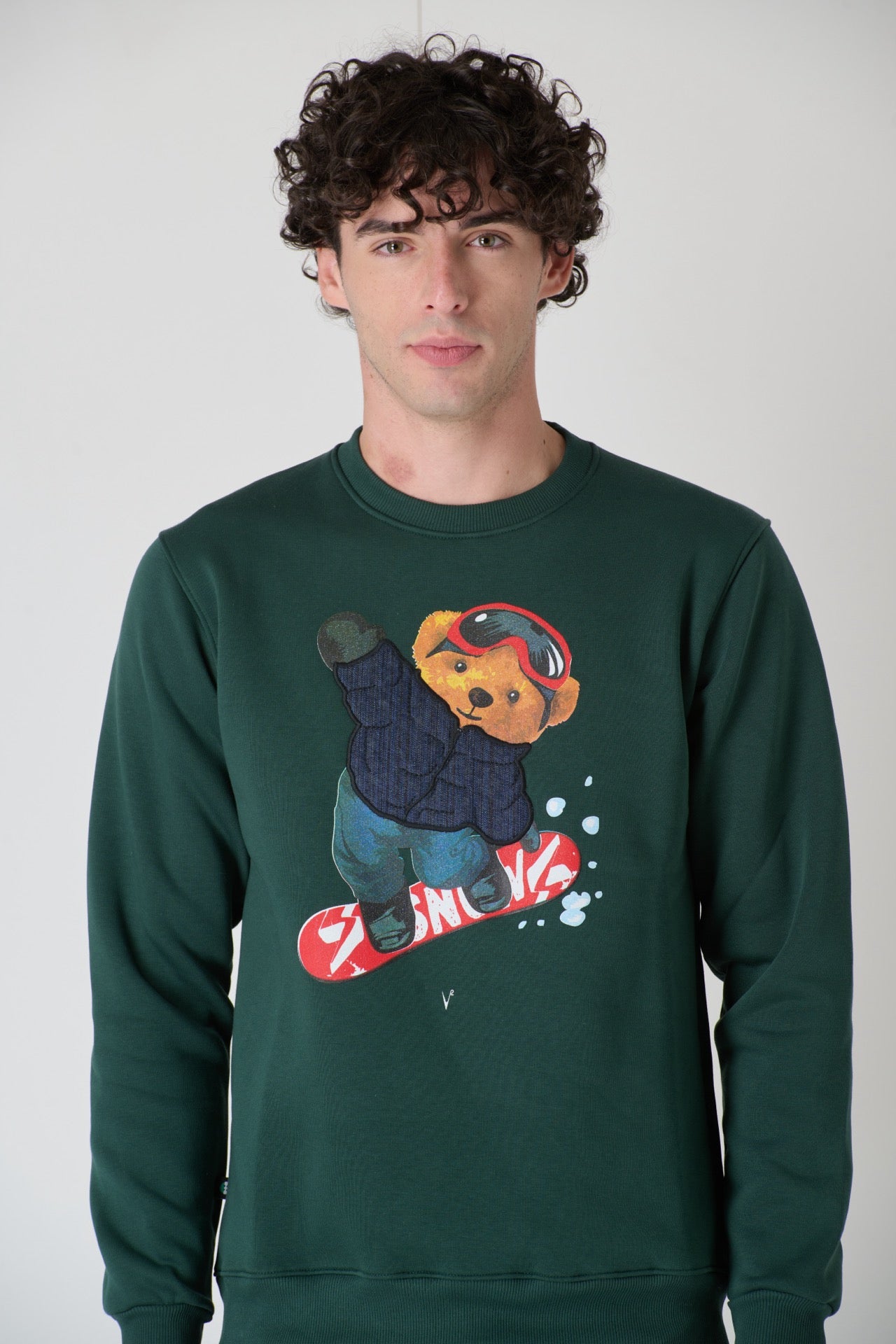 Crewneck Sweatshirt with Embroidered Teddy in V2 Green Fabric