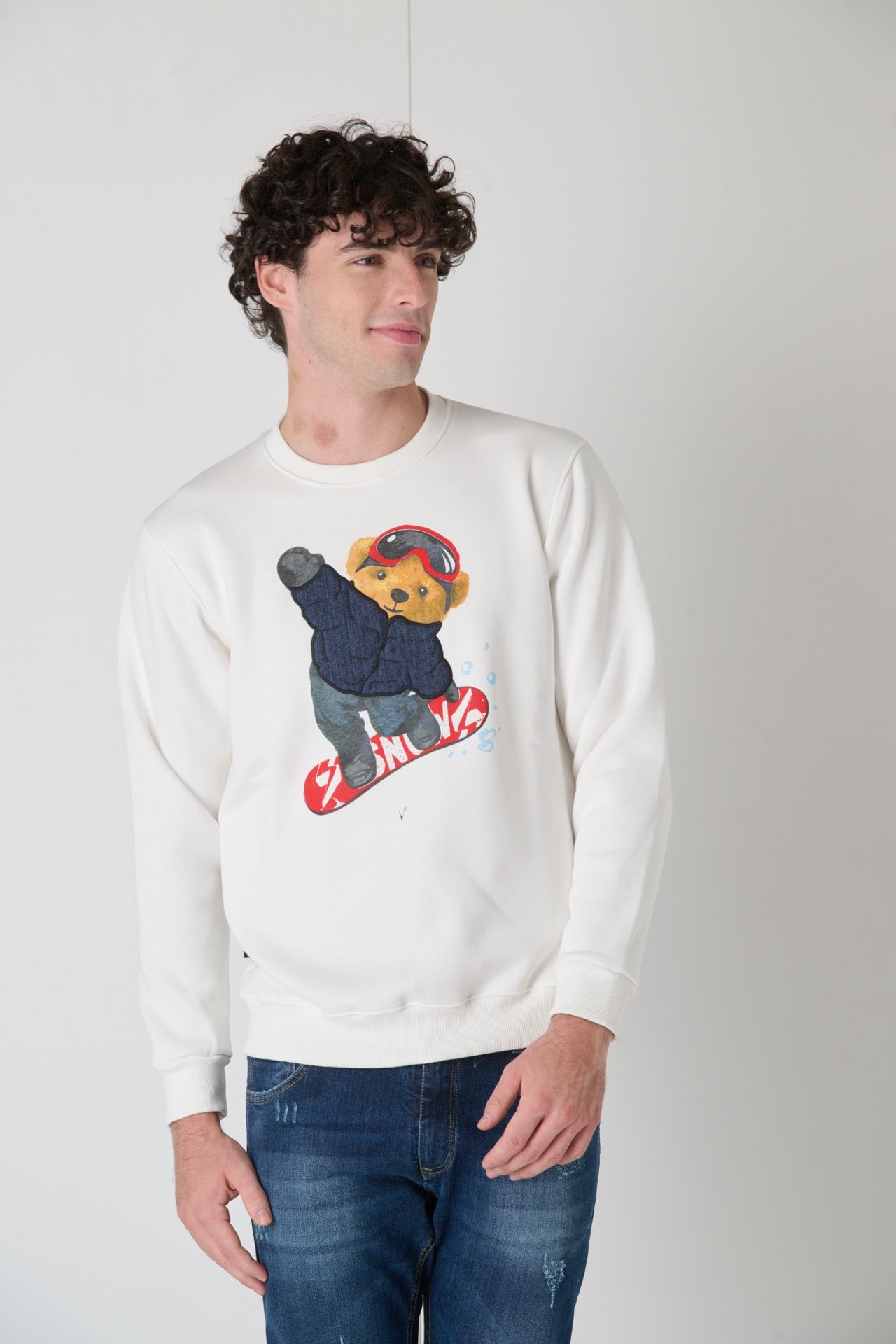 Crewneck Sweatshirt with Embroidered Teddy in V2 Cream Fabric