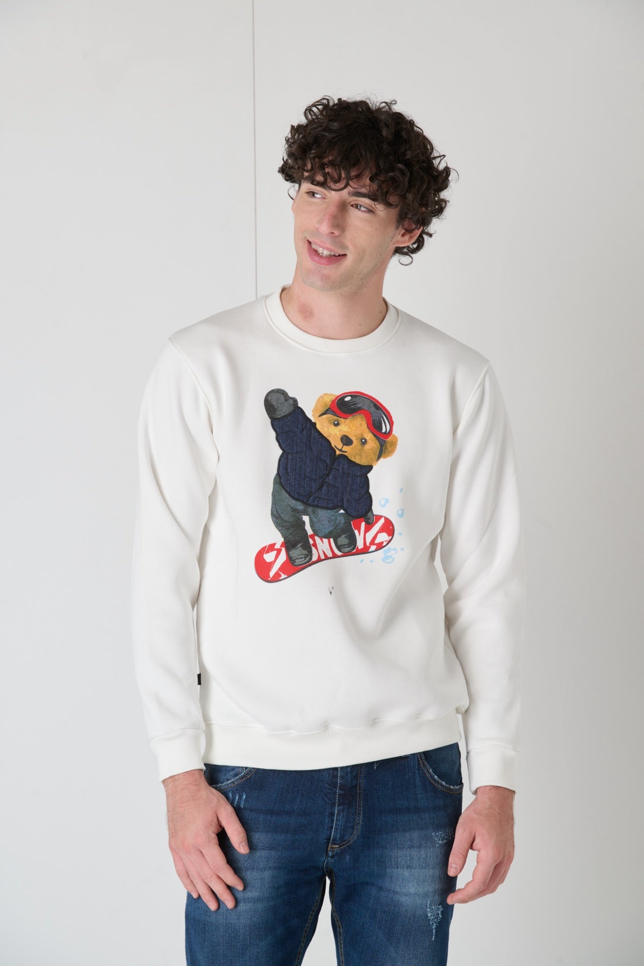 Crewneck Sweatshirt with Embroidered Teddy in V2 Cream Fabric