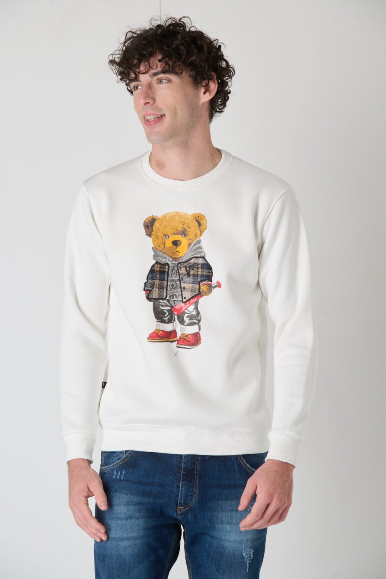 Crewneck Sweatshirt with Embroidered Teddy in V2 Cream Fabric