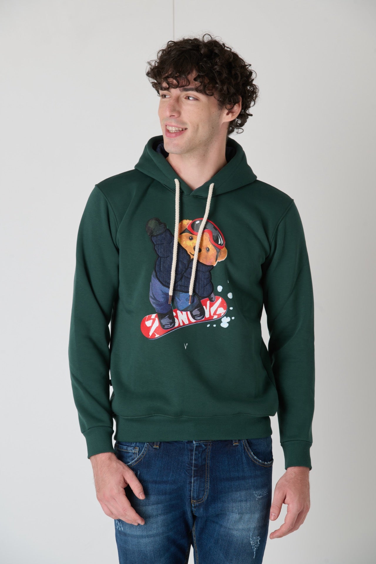 Hoodie with Teddy Embroidered in V2 Green Fabric