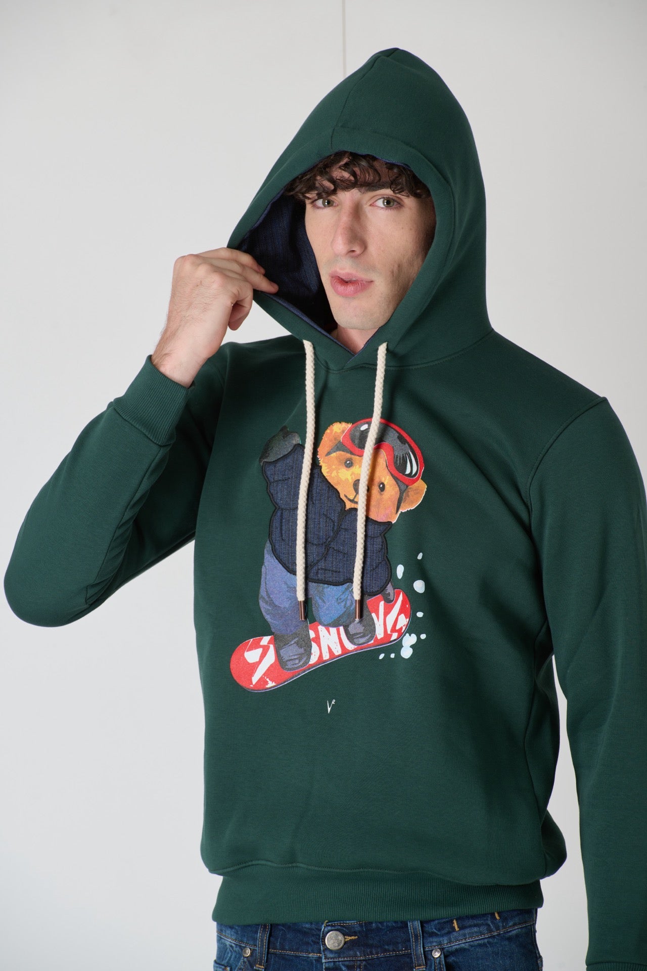 Hoodie with Teddy Embroidered in V2 Green Fabric