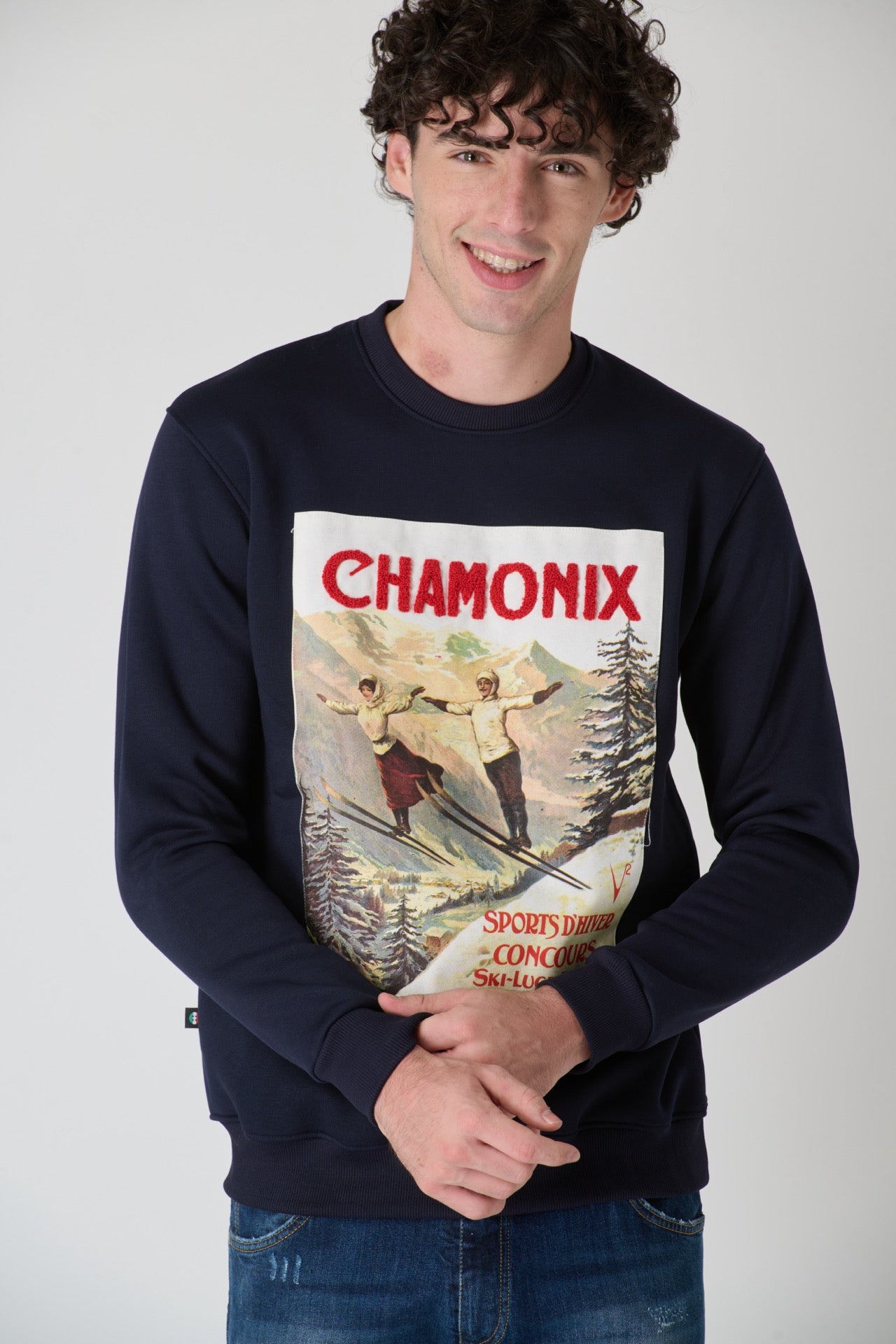 Vintage Crewneck Sweatshirt with Chamonix Embroidery Blue