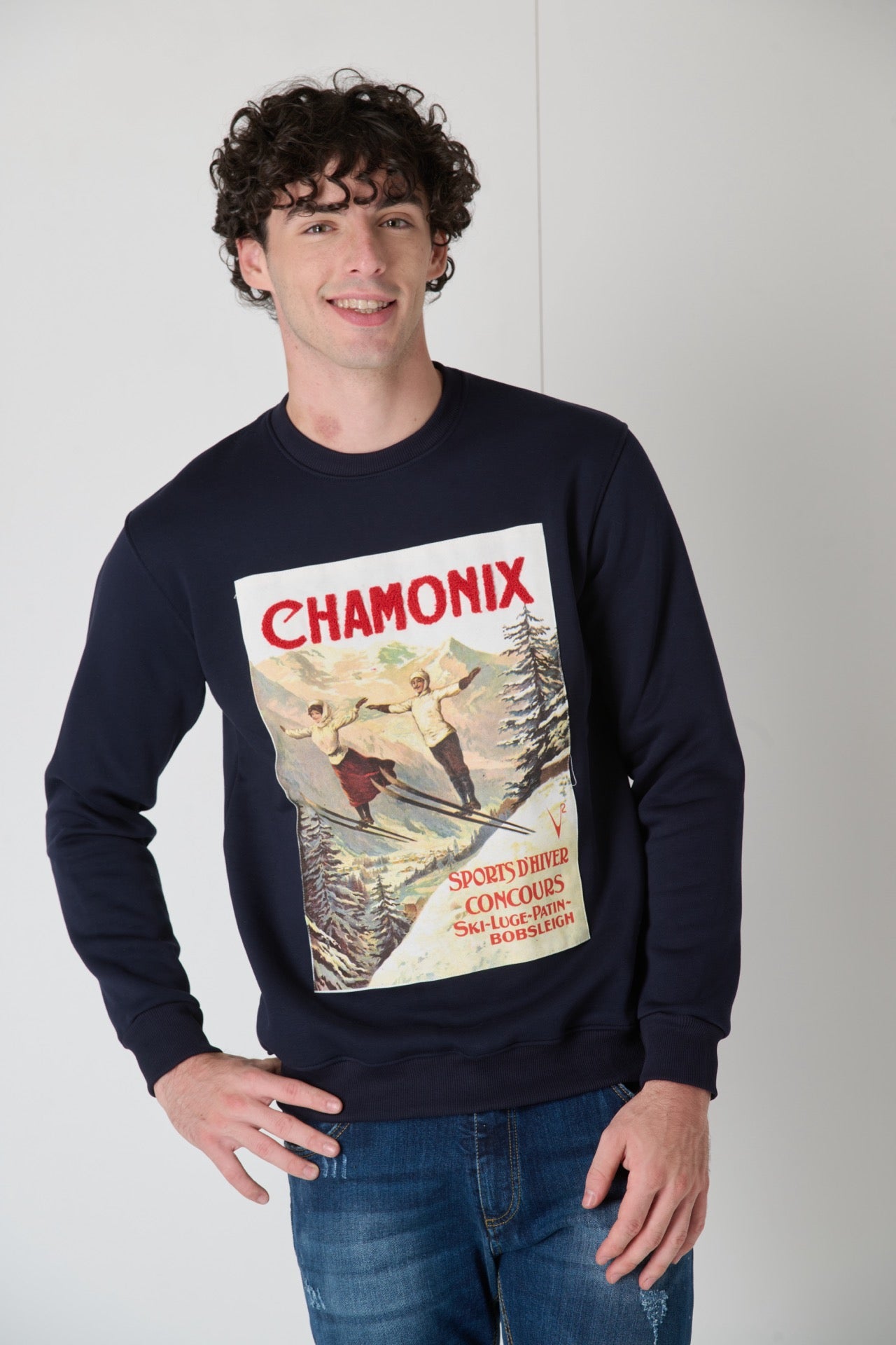 Vintage Crewneck Sweatshirt with Chamonix Embroidery Blue