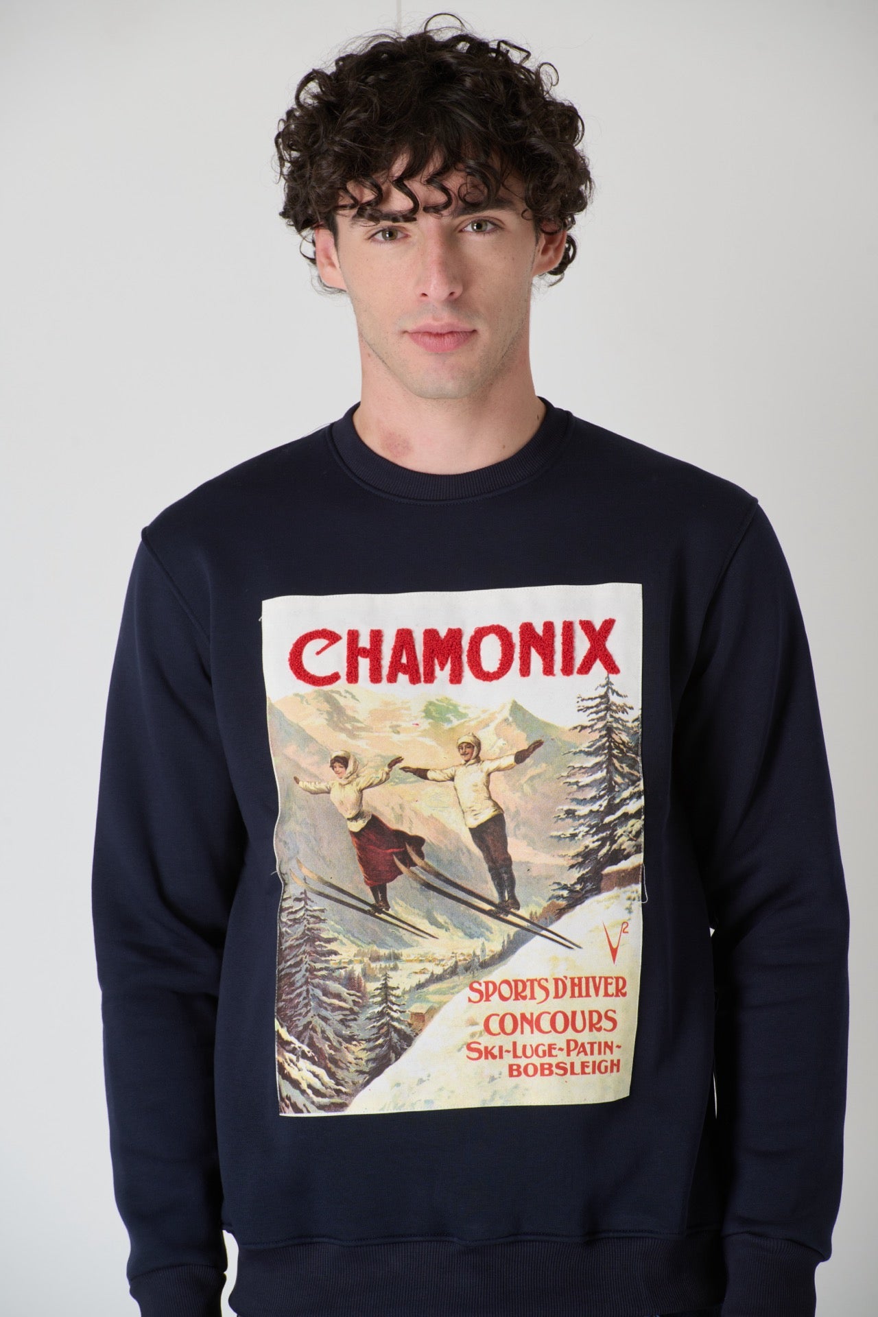 Vintage Crewneck Sweatshirt with Chamonix Embroidery Blue