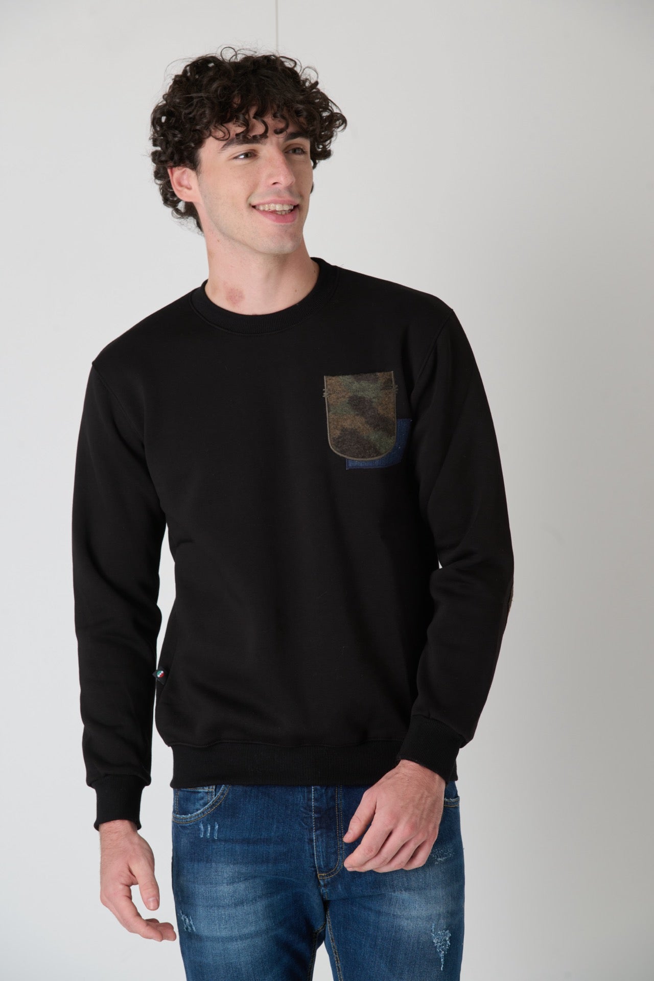 Black Crewneck Sweatshirt with Pocket and Fabric Patches V2