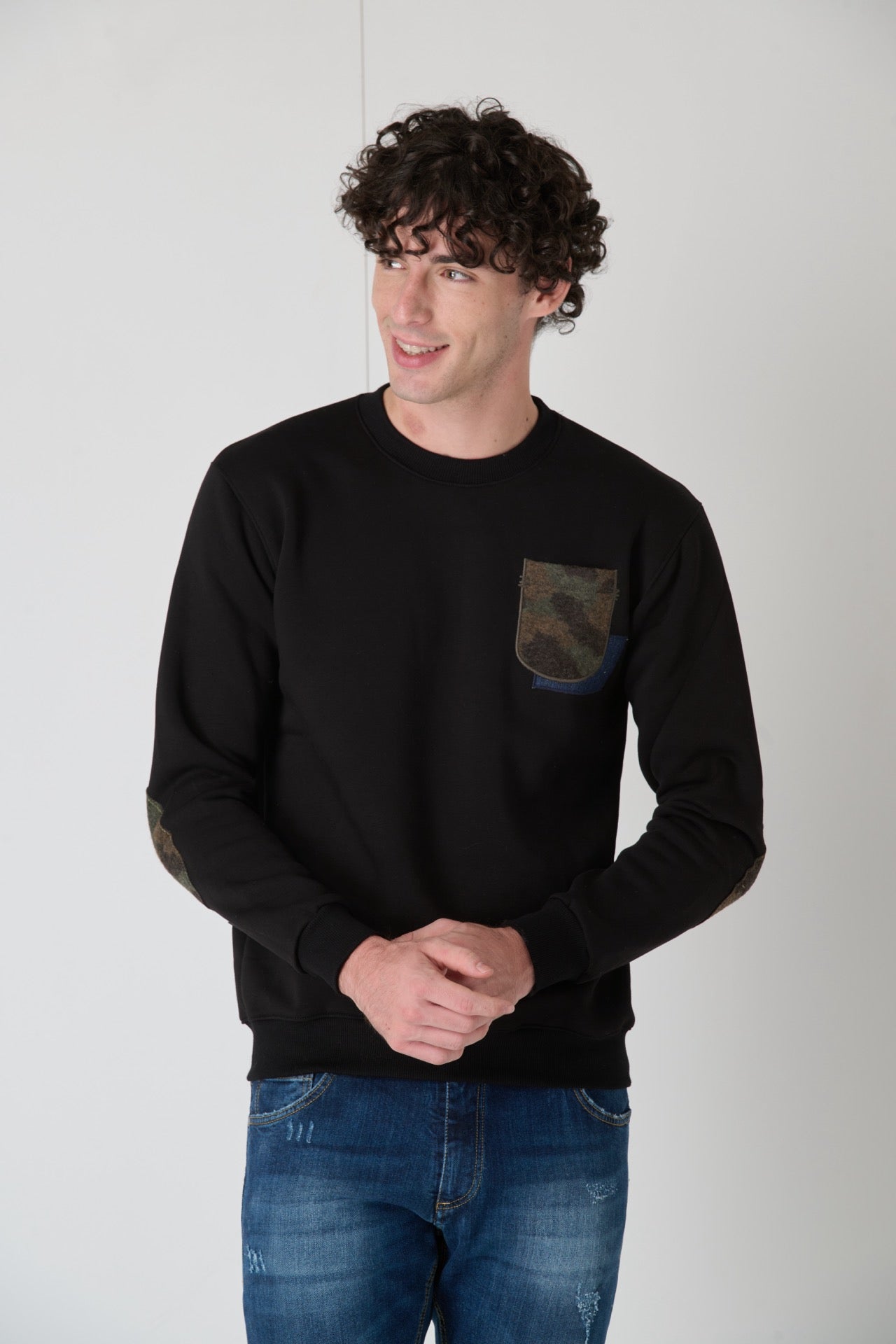 Black Crewneck Sweatshirt with Pocket and Fabric Patches V2