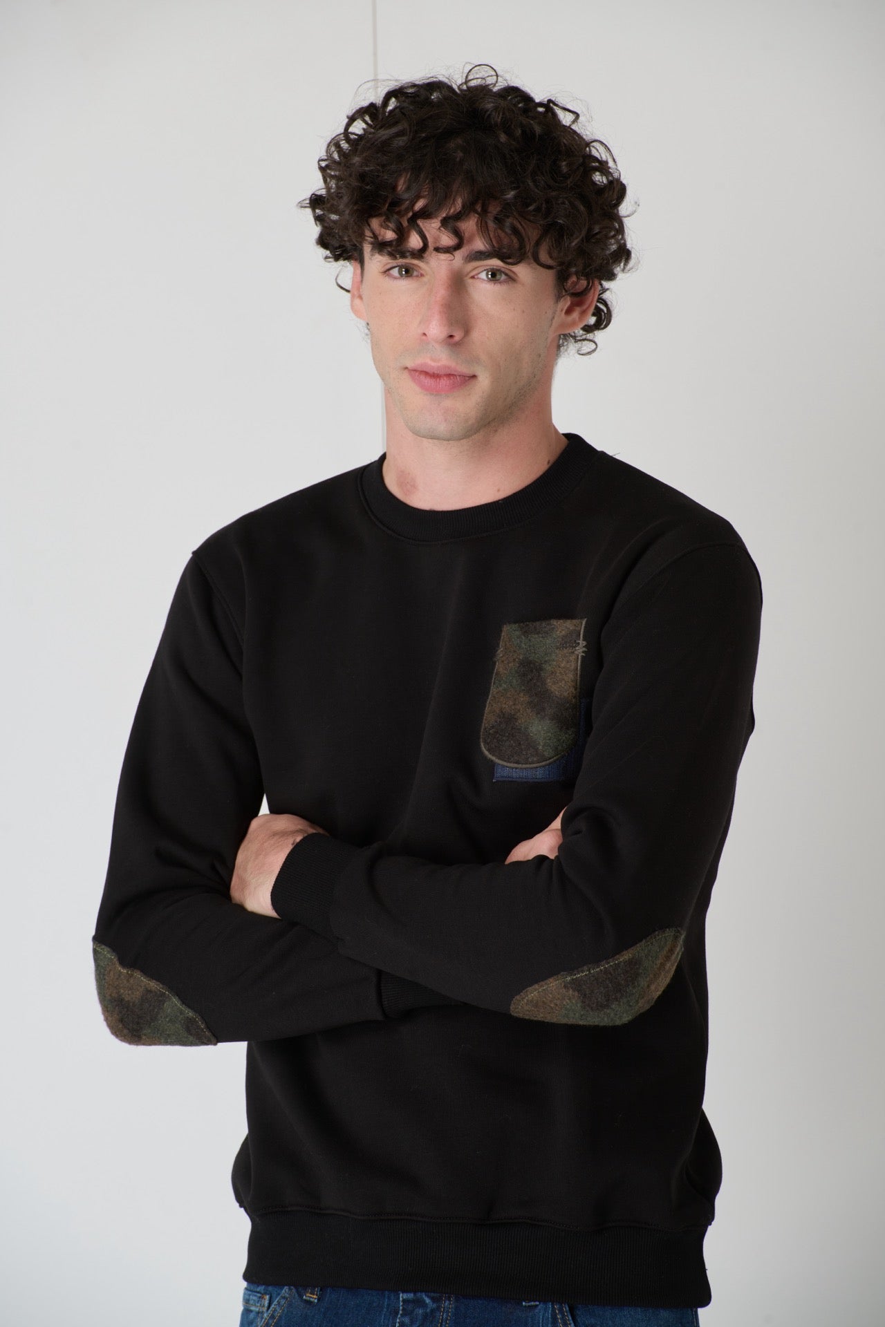 Black Crewneck Sweatshirt with Pocket and Fabric Patches V2