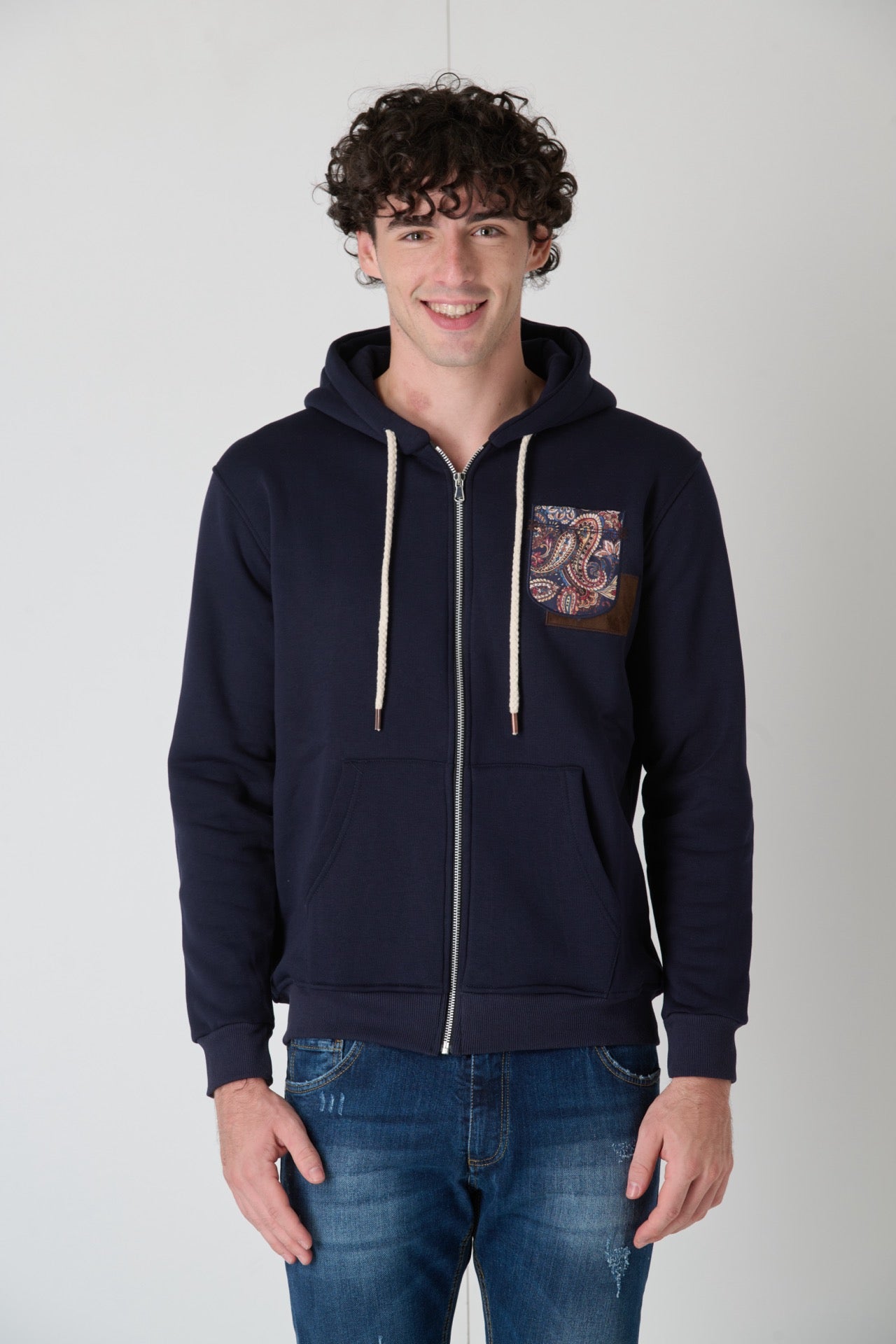 Blue Zip Up Hoodie with Pocket and Fabric Patches V2