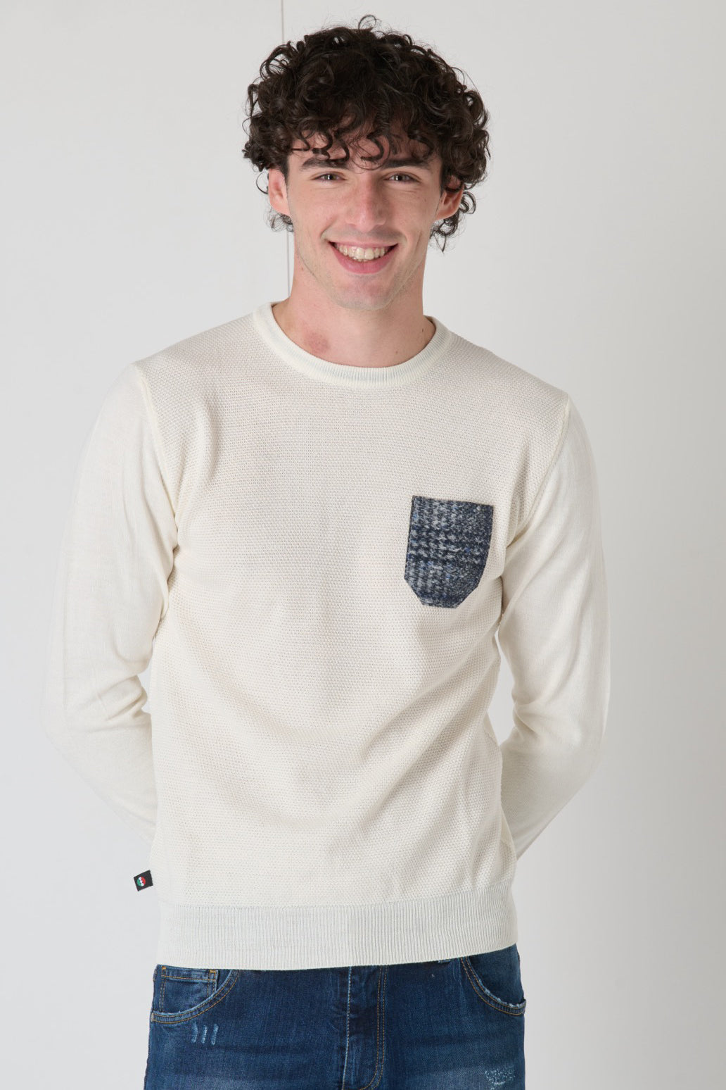 Cream Merino Wool Sweater Rice Stitch with Fabric Pocket V2 