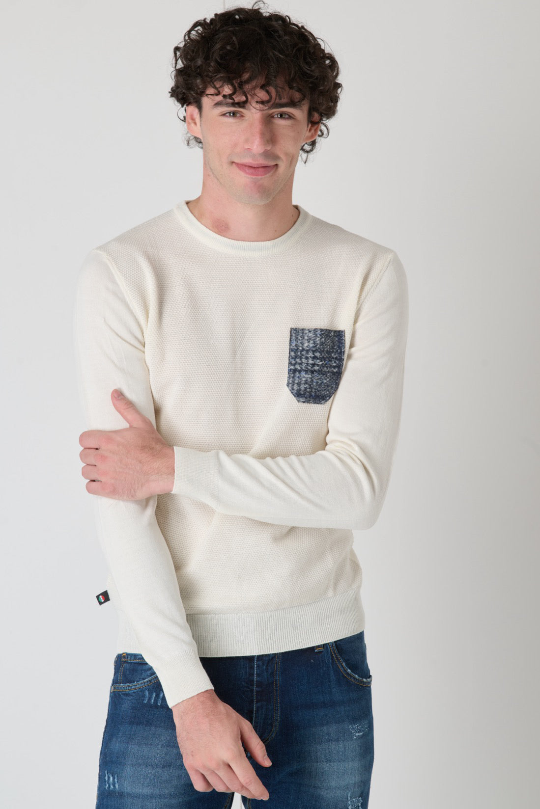 Cream Merino Wool Sweater Rice Stitch with Fabric Pocket V2 