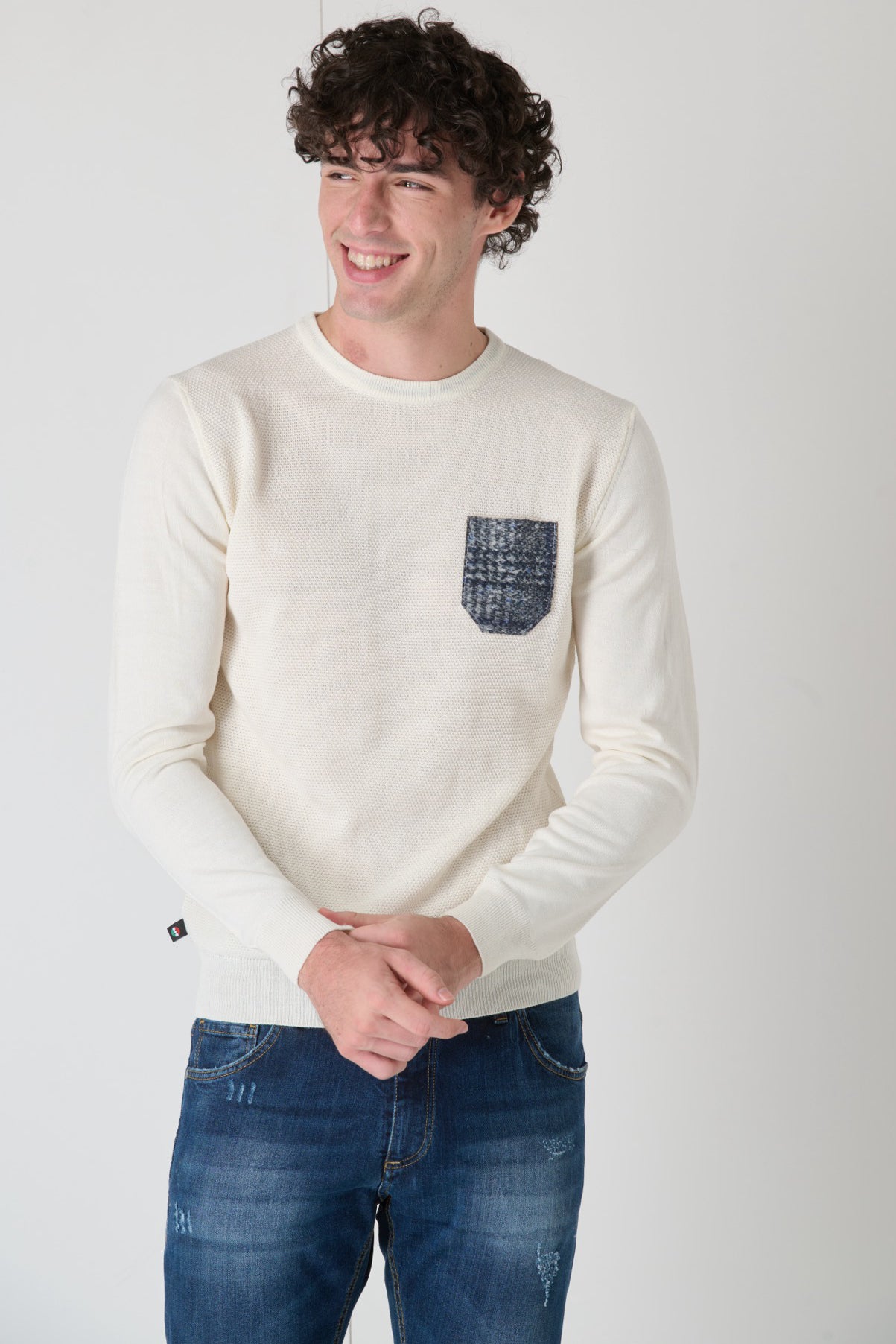 Cream Merino Wool Sweater Rice Stitch with Fabric Pocket V2 