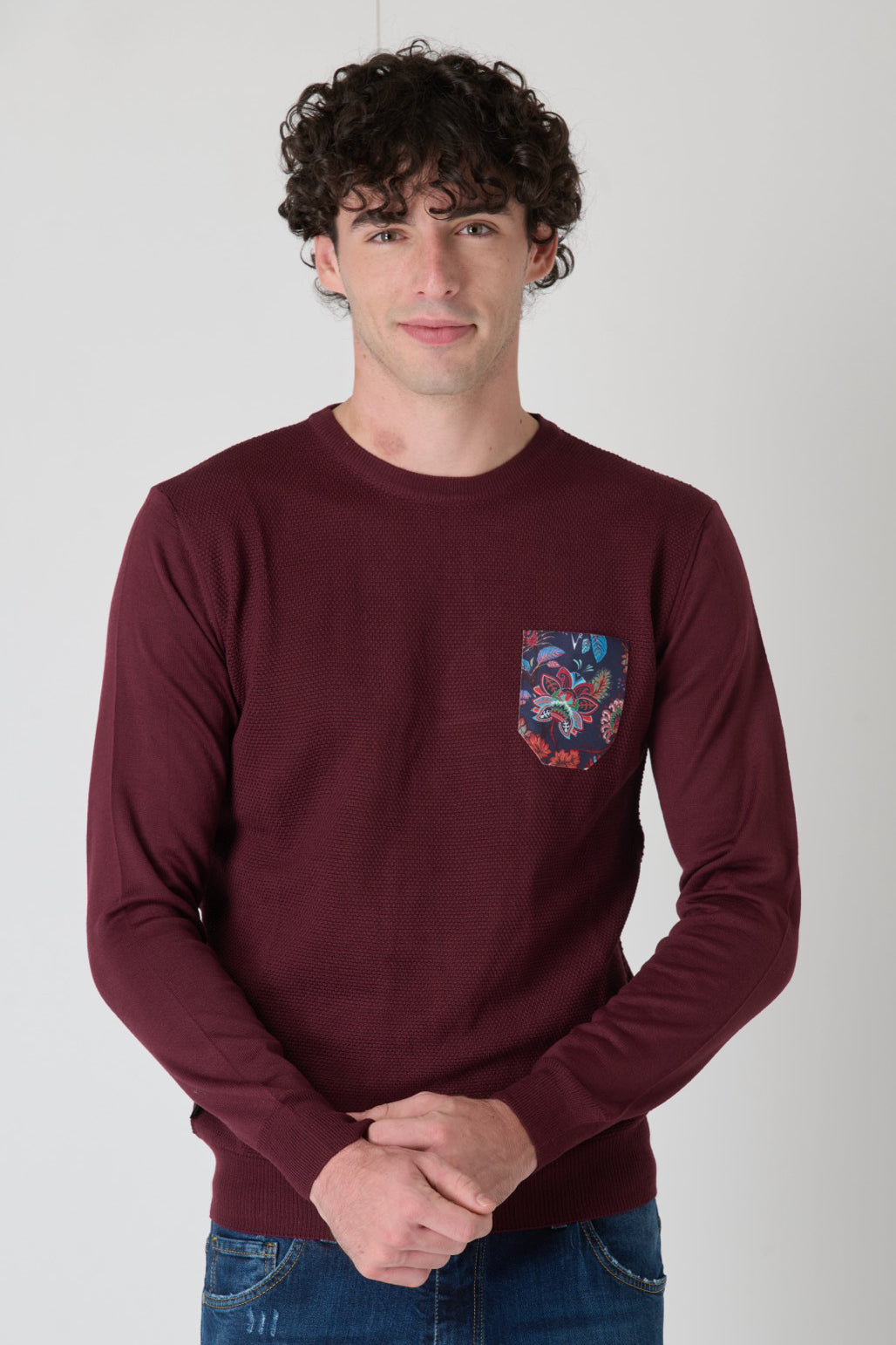 Maglione in Lana Merino Punto Riso Bordeaux con Taschino in tessuto V2