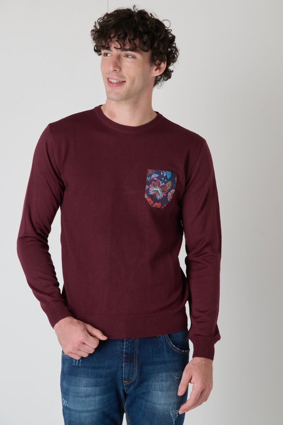 Maglione in Lana Merino Punto Riso Bordeaux con Taschino in tessuto V2