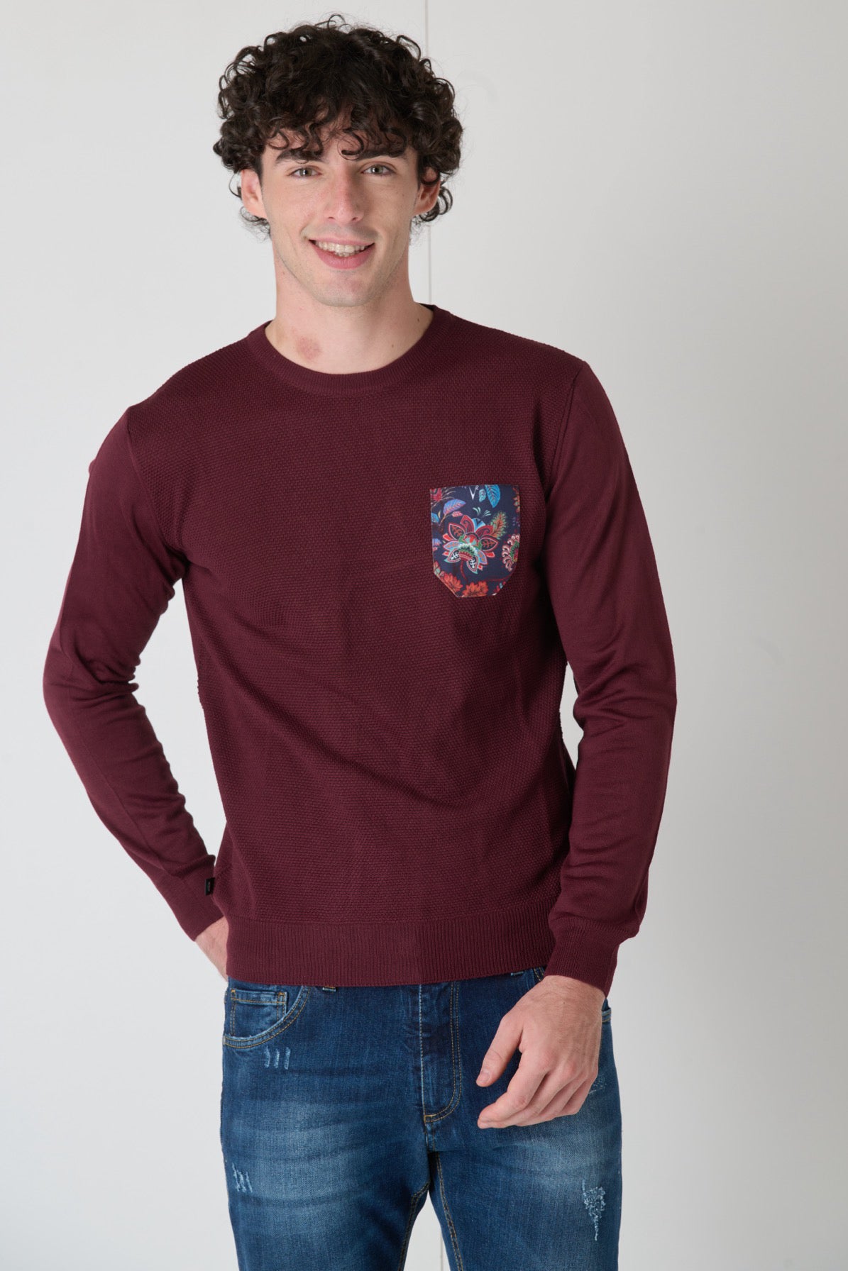 Maglione in Lana Merino Punto Riso Bordeaux con Taschino in tessuto V2