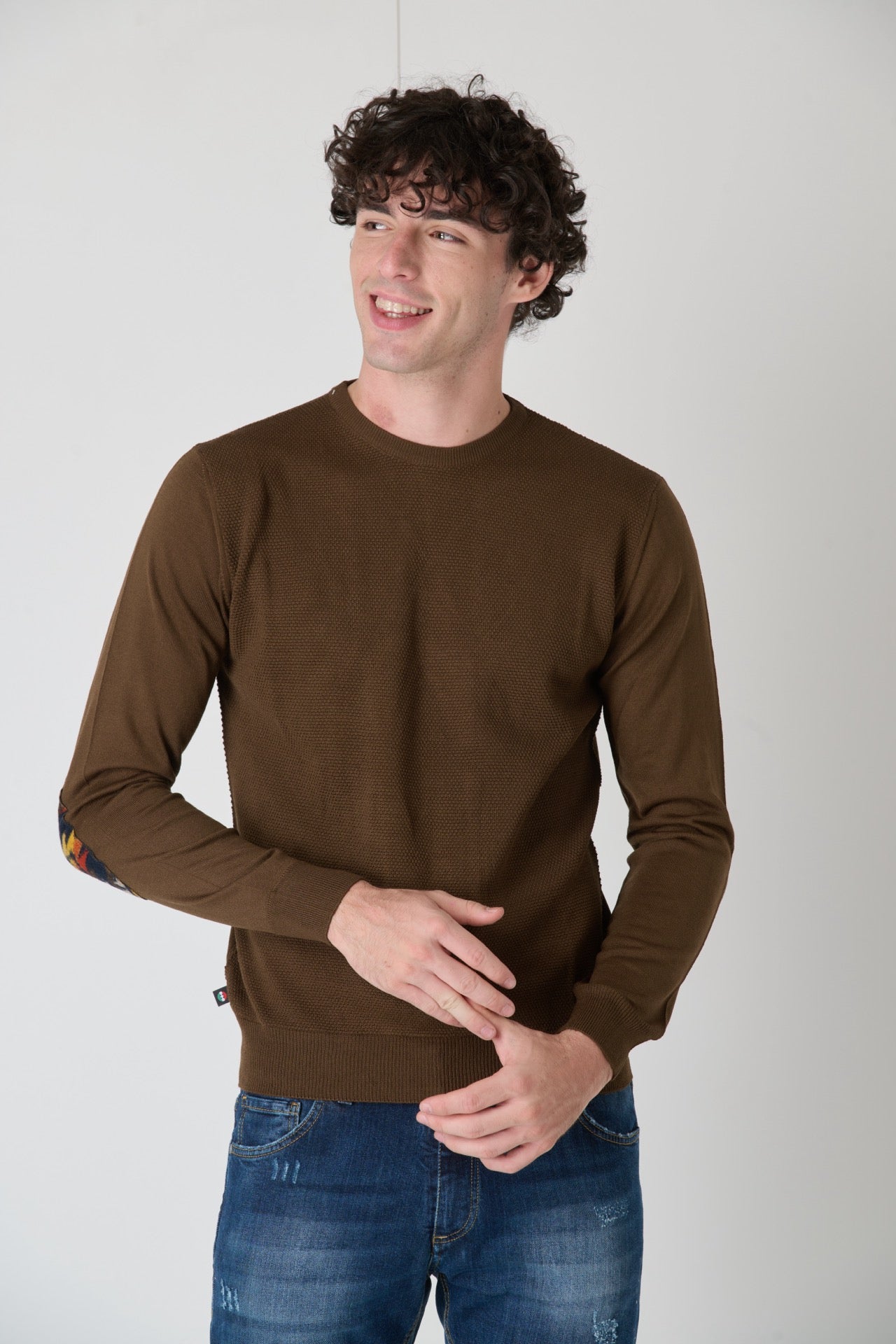 Merino Wool Sweater Rice Stitch Brown with Fabric Patches V2 