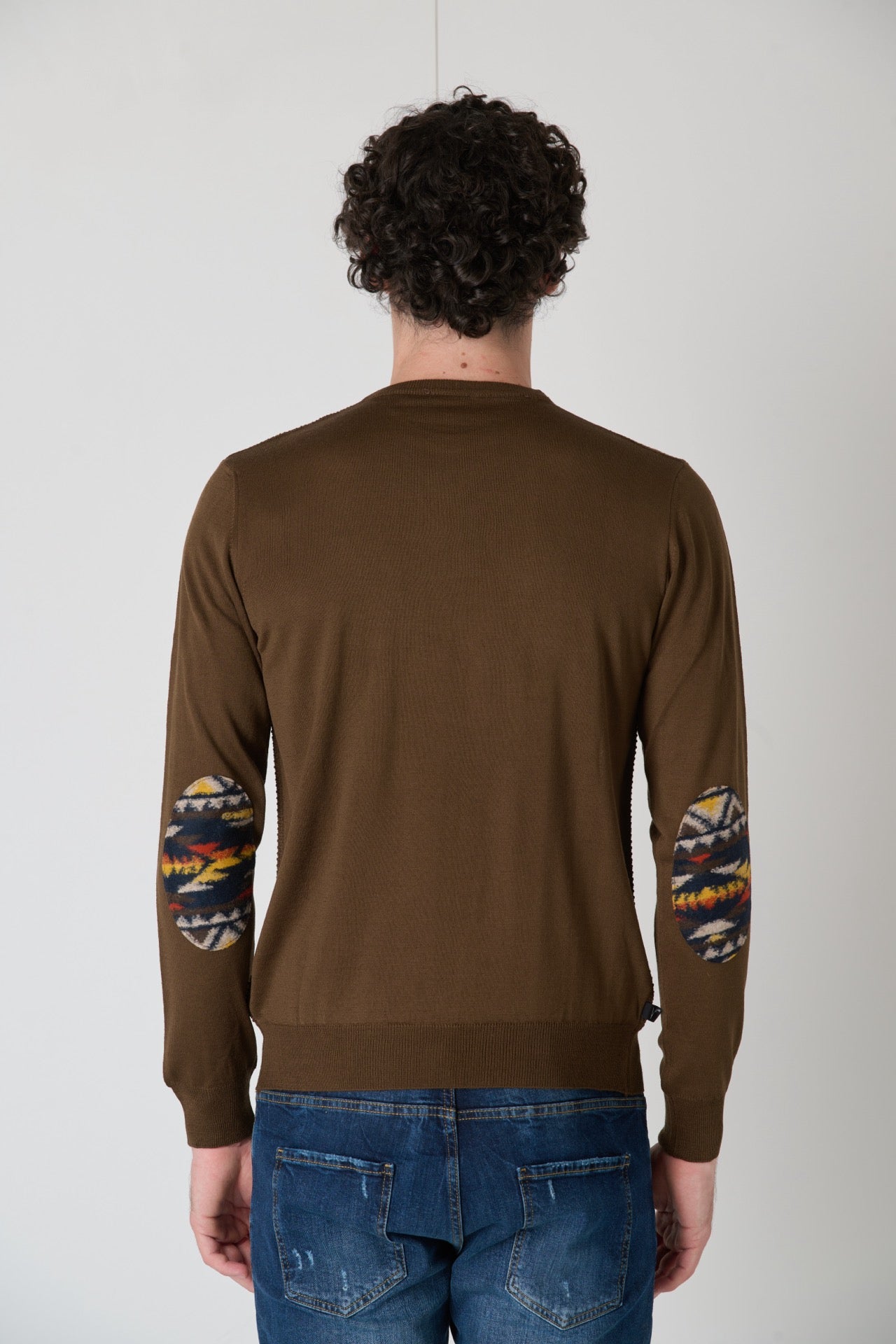 Merino Wool Sweater Rice Stitch Brown with Fabric Patches V2 