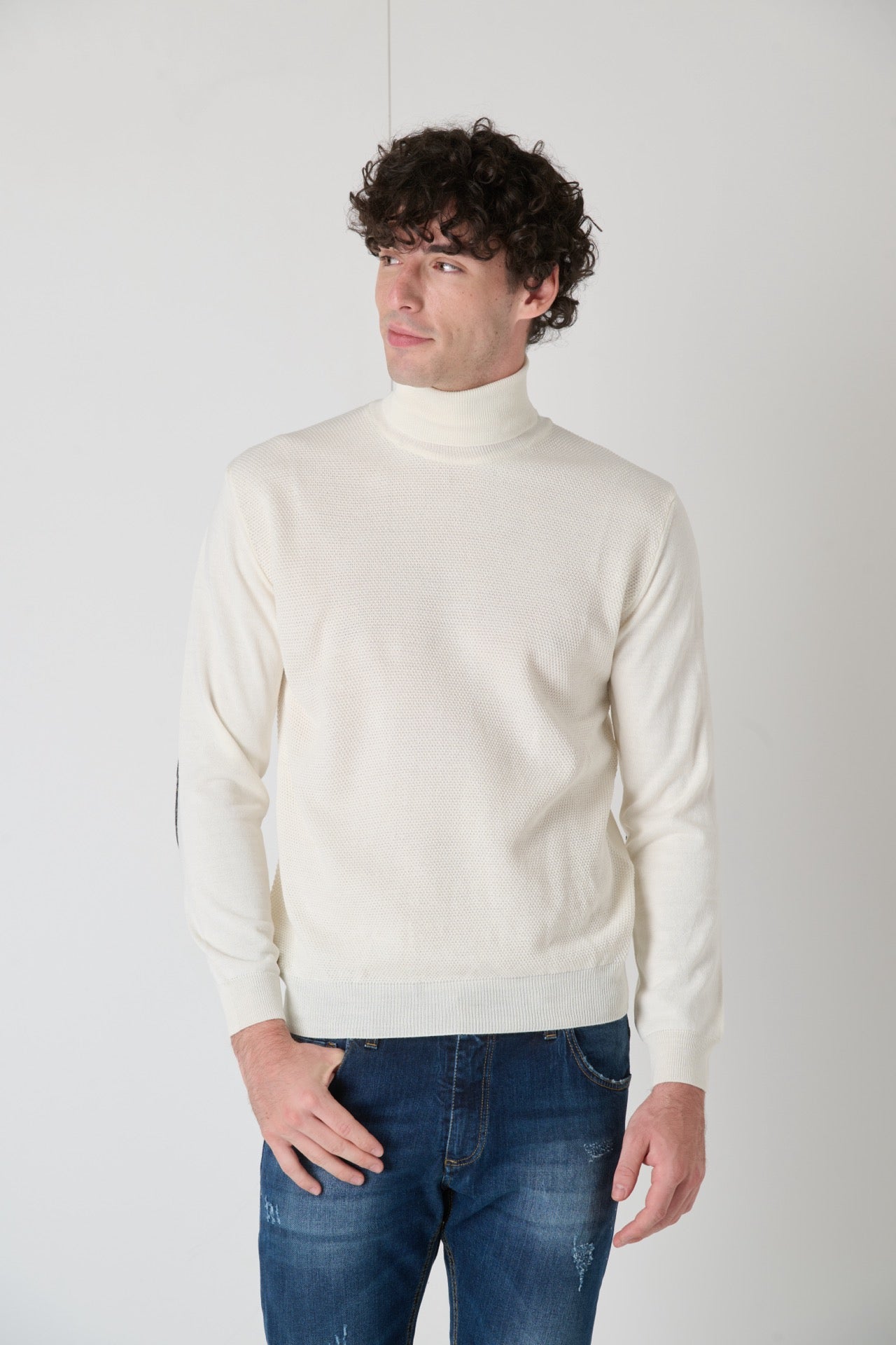 Cream Rice Stitch Merino Wool Turtleneck with Fabric Patches V2 