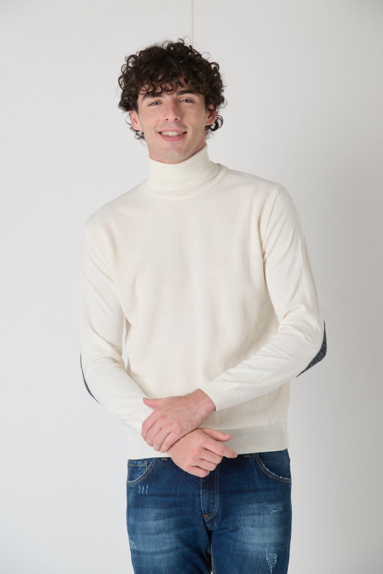 Cream Rice Stitch Merino Wool Turtleneck with Fabric Patches V2 