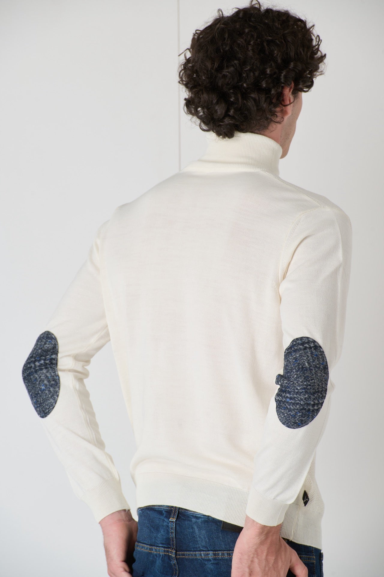 Cream Rice Stitch Merino Wool Turtleneck with Fabric Patches V2 