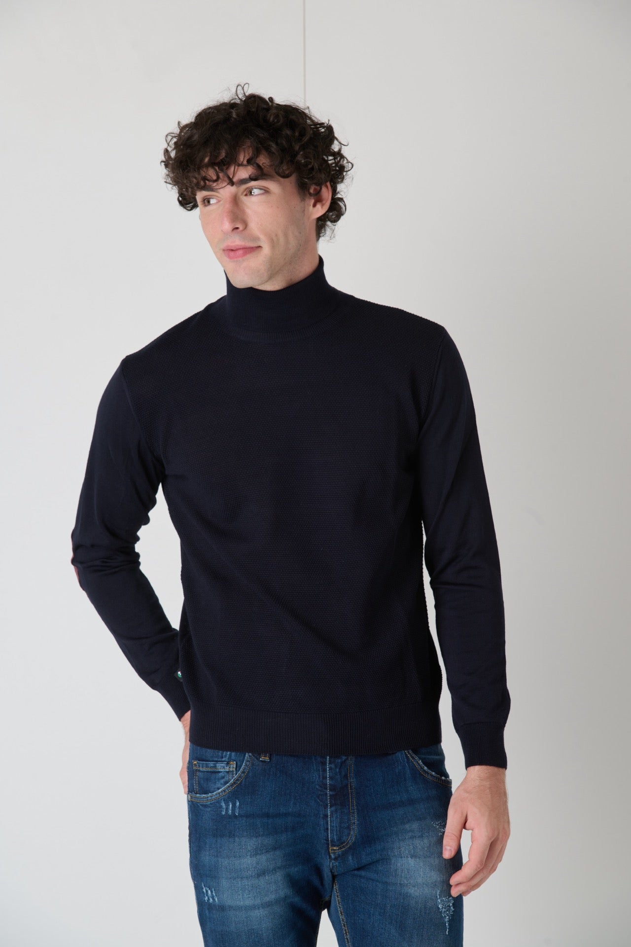 Turtleneck Merino Wool Rice Stitch Blue with Fabric Patches V2 