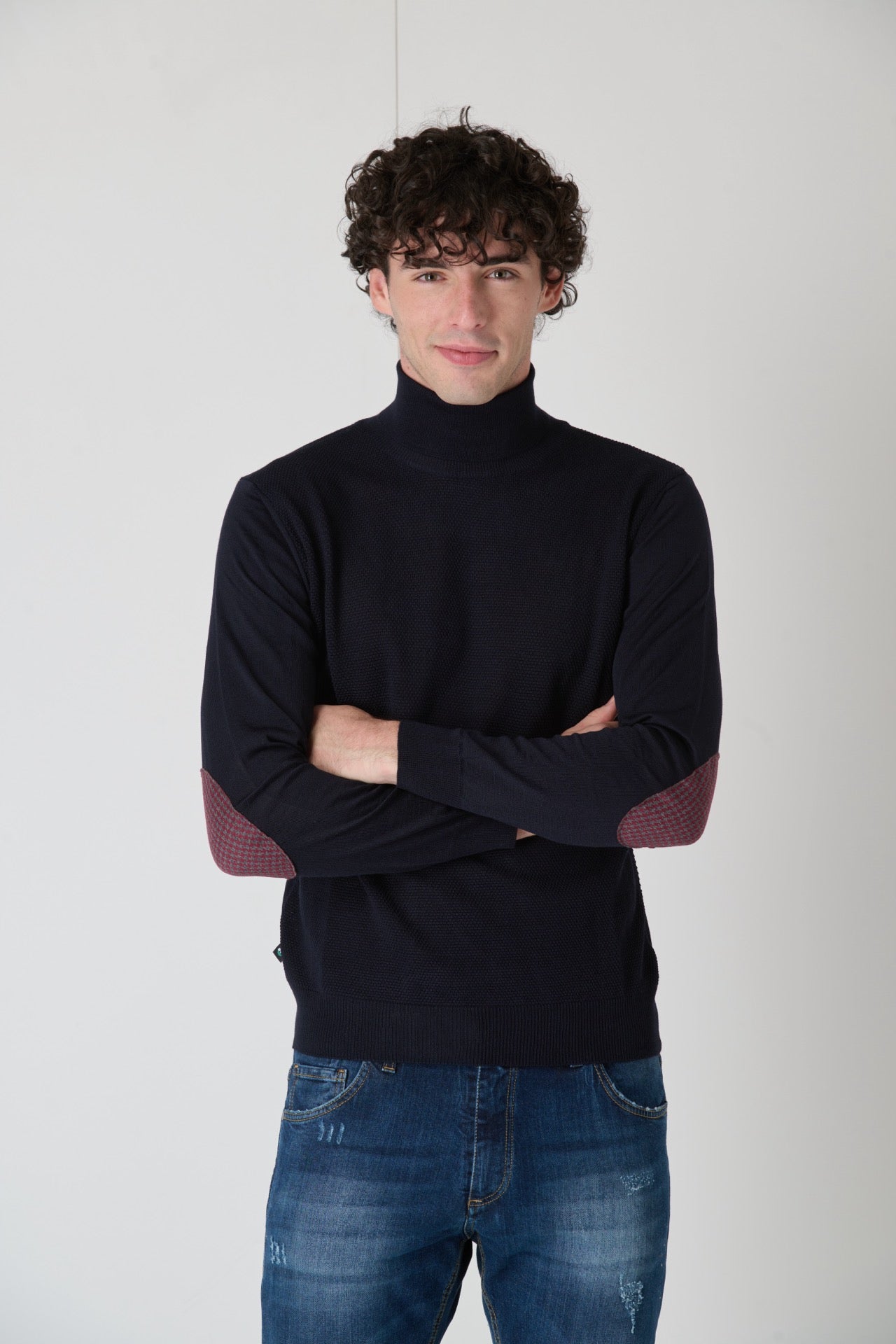 Turtleneck Merino Wool Rice Stitch Blue with Fabric Patches V2 