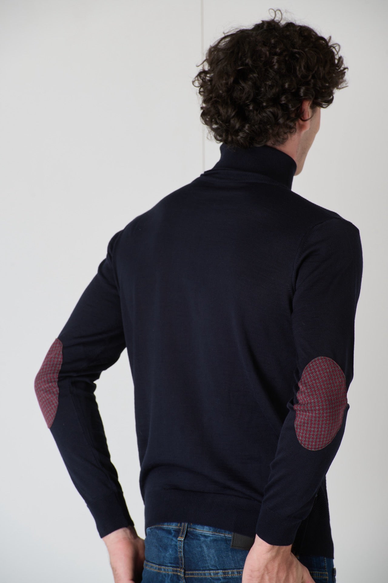 Turtleneck Merino Wool Rice Stitch Blue with Fabric Patches V2 