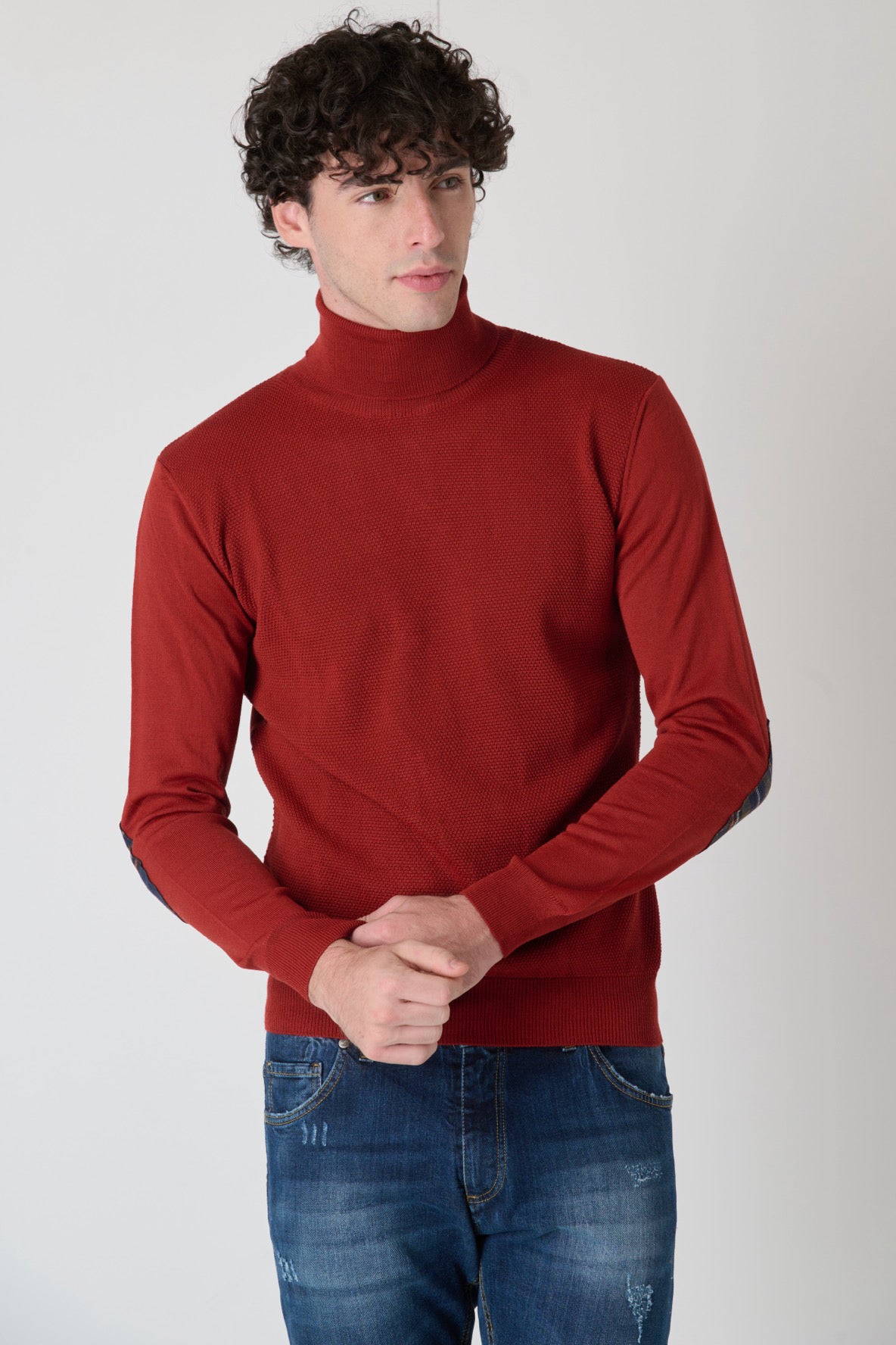 Turtleneck Merino Wool Rice Stitch Coccio with Fabric Patches V2 