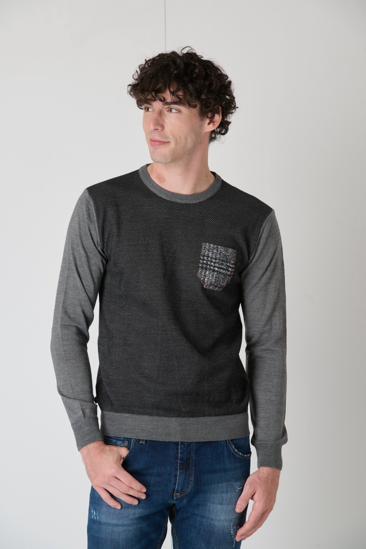 Merino Wool Sweater Rice Stitch Bicolor Grey with Fabric Pocket V2 