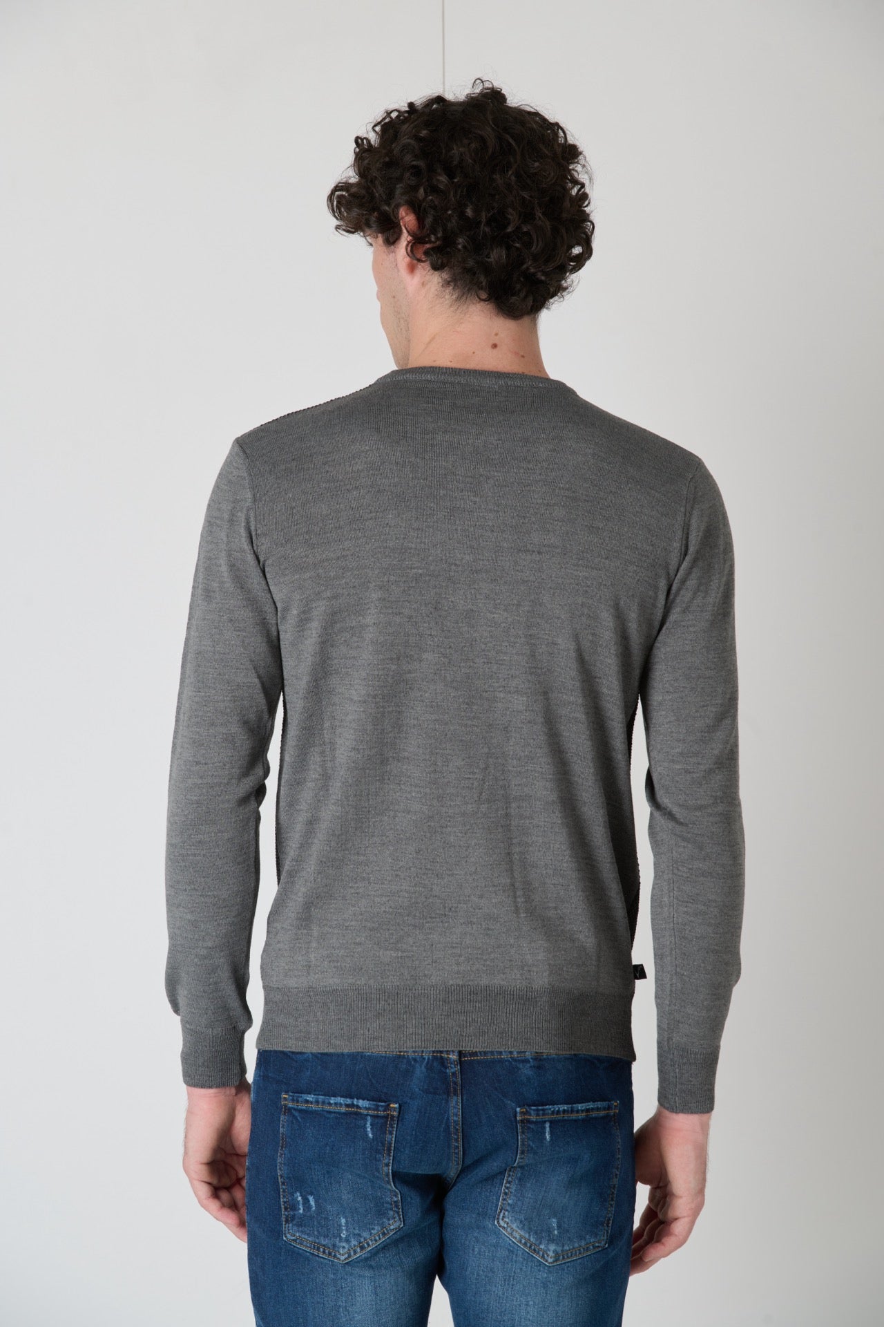 Merino Wool Sweater Rice Stitch Bicolor Grey with Fabric Pocket V2 