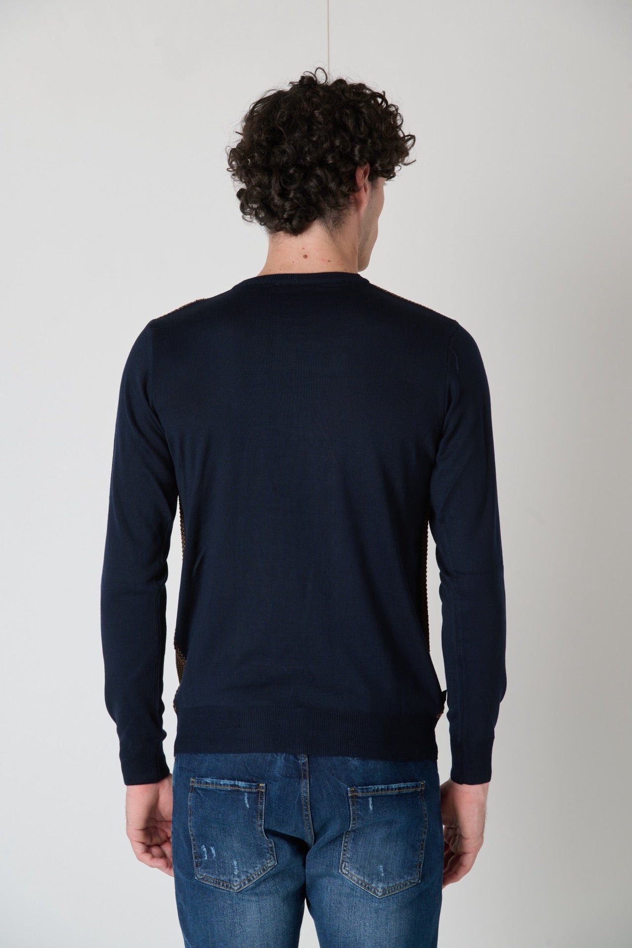 Merino Wool Sweater Rice Stitch Bicolor Blue with Fabric Pocket V2 