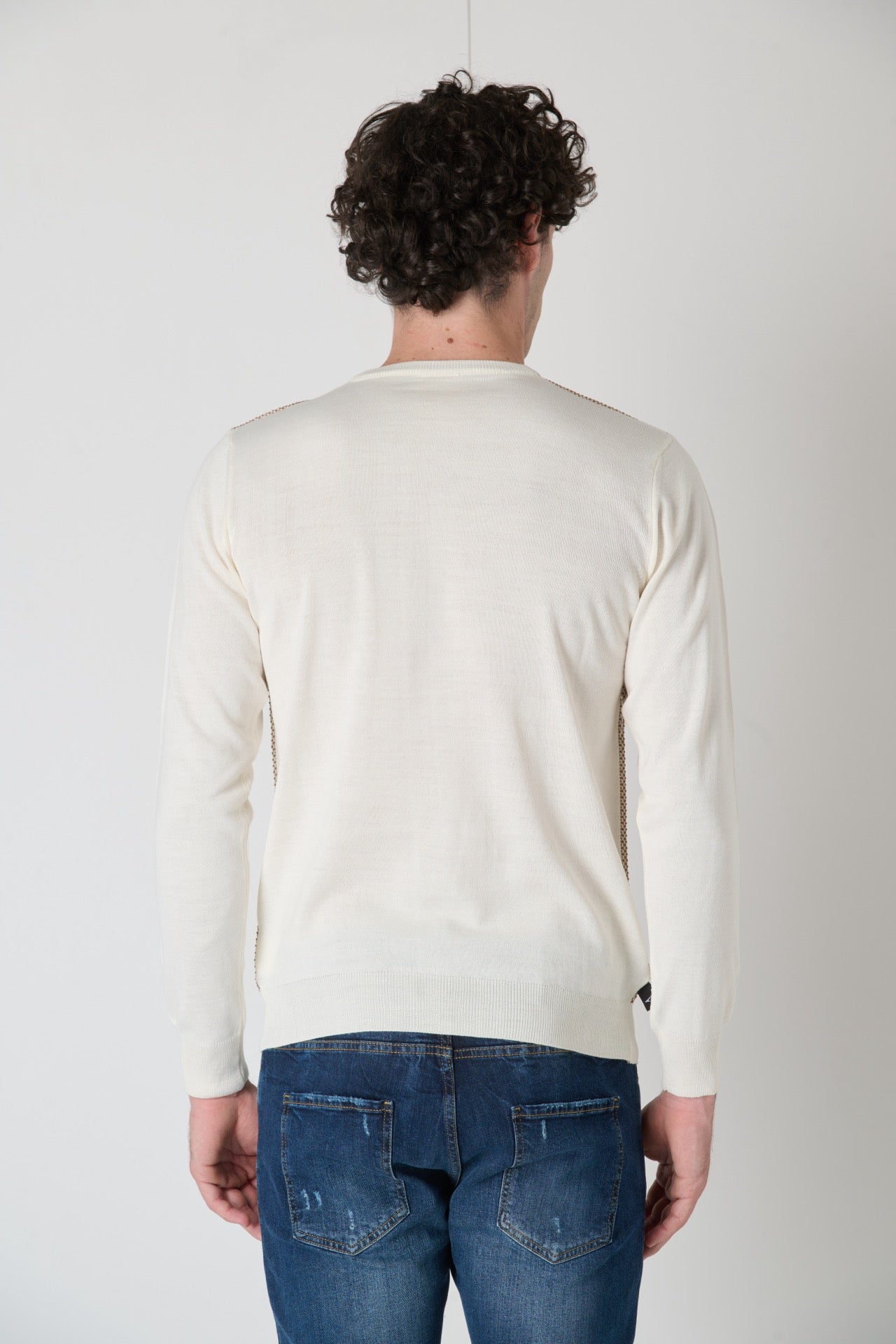 Cream Bicolor Rice Stitch Merino Wool Sweater with Fabric Pocket V2 