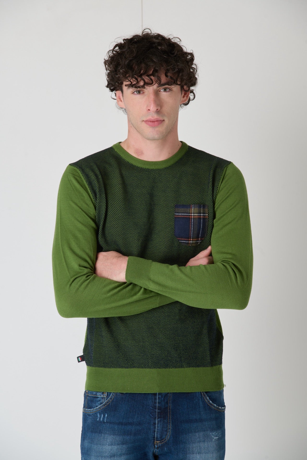 Merino Wool Sweater Rice Stitch Bicolor Green with Fabric Pocket V2 