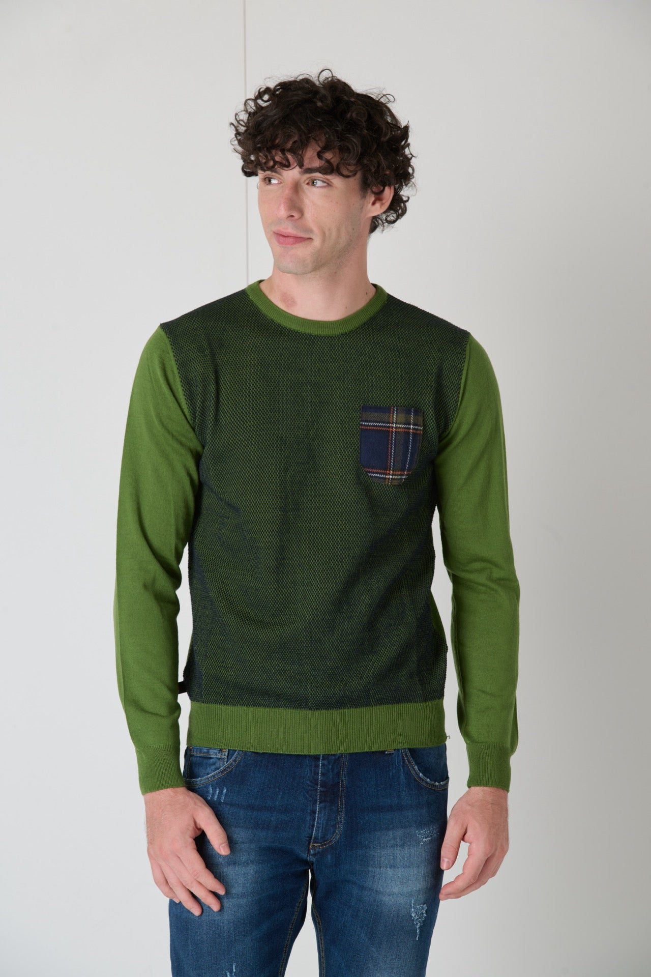 Maglione in Lana Merino Punto Riso Bicolor Verde con Taschino in tessuto V2