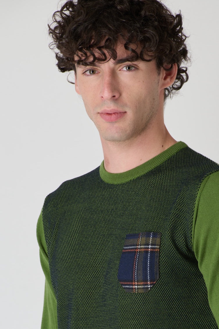 Merino Wool Sweater Rice Stitch Bicolor Green with Fabric Pocket V2 