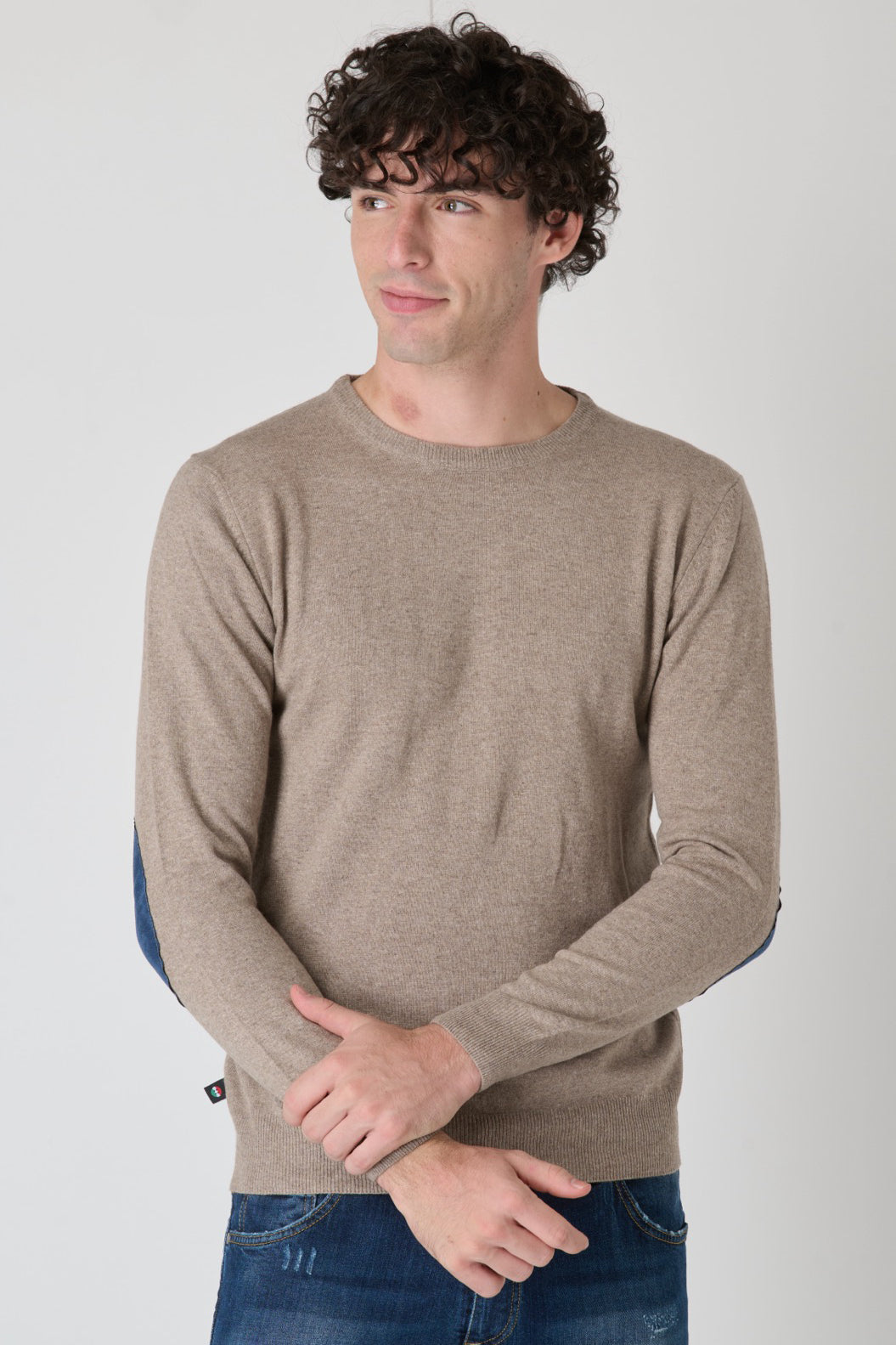 Maglione in misto cashmere Noce con Toppe in tessuto V2