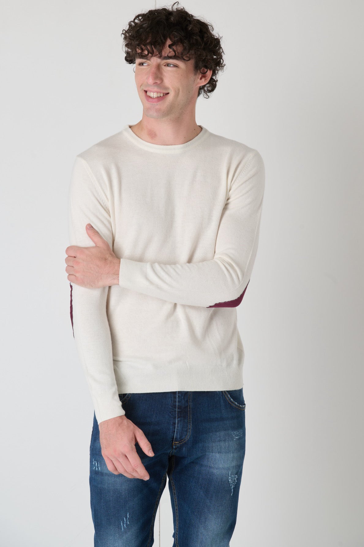 Maglione in misto cashmere Panna con Toppe in tessuto V2