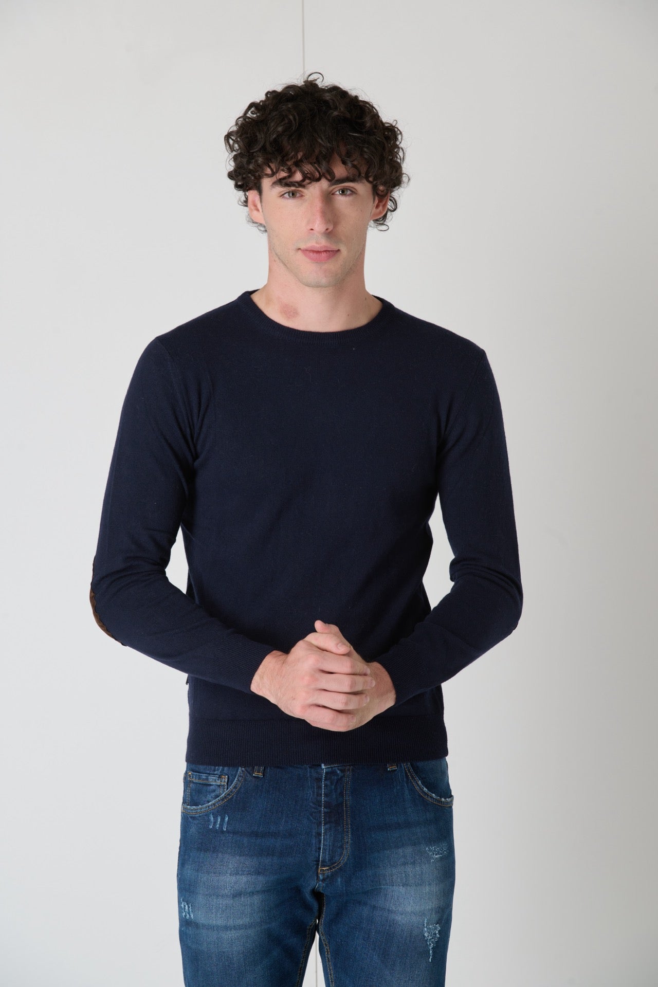 Maglione in misto cashmere Blu con Toppe in tessuto V2