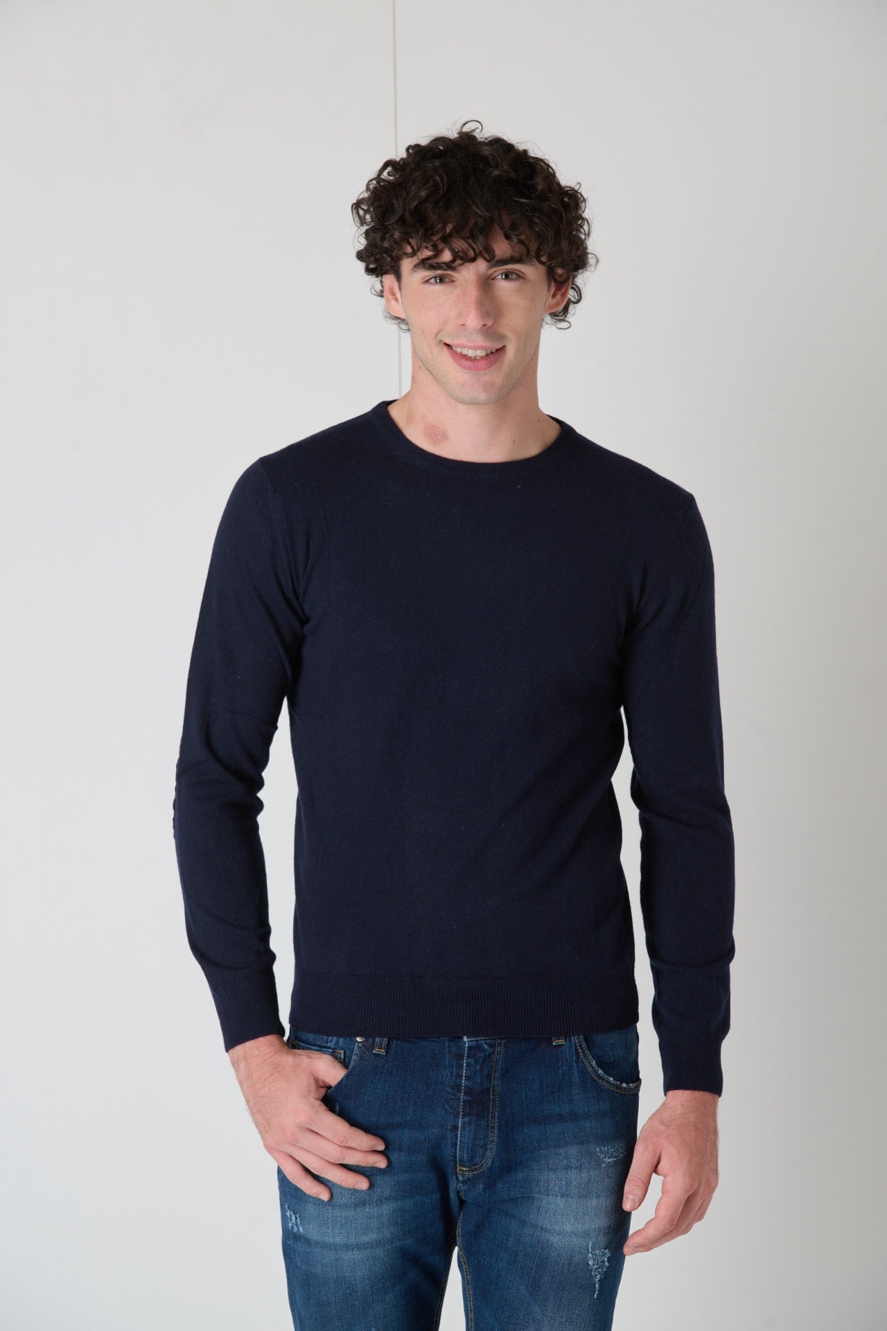 Maglione in misto cashmere Blu con Toppe in tessuto V2