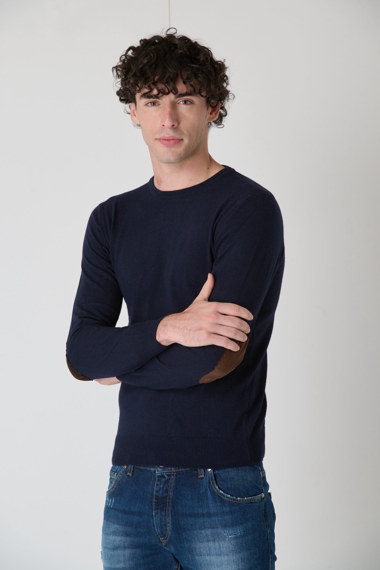 Maglione in misto cashmere Blu con Toppe in tessuto V2