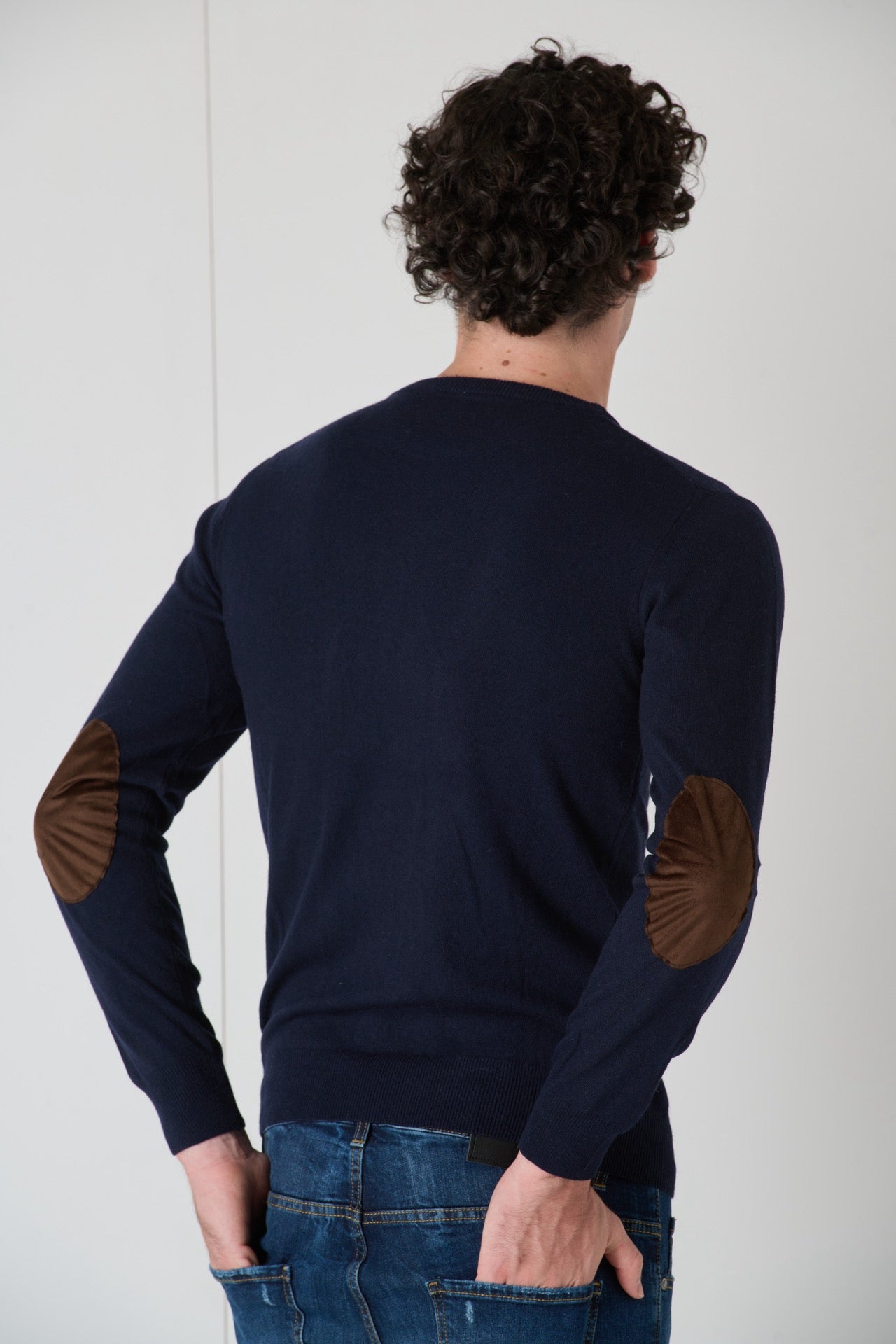 Maglione in misto cashmere Blu con Toppe in tessuto V2