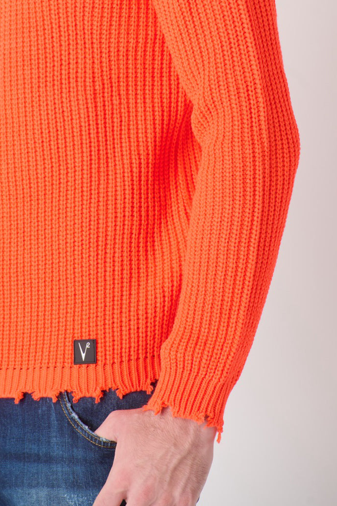 Fluorescent Orange Ripped Crewneck Sweater