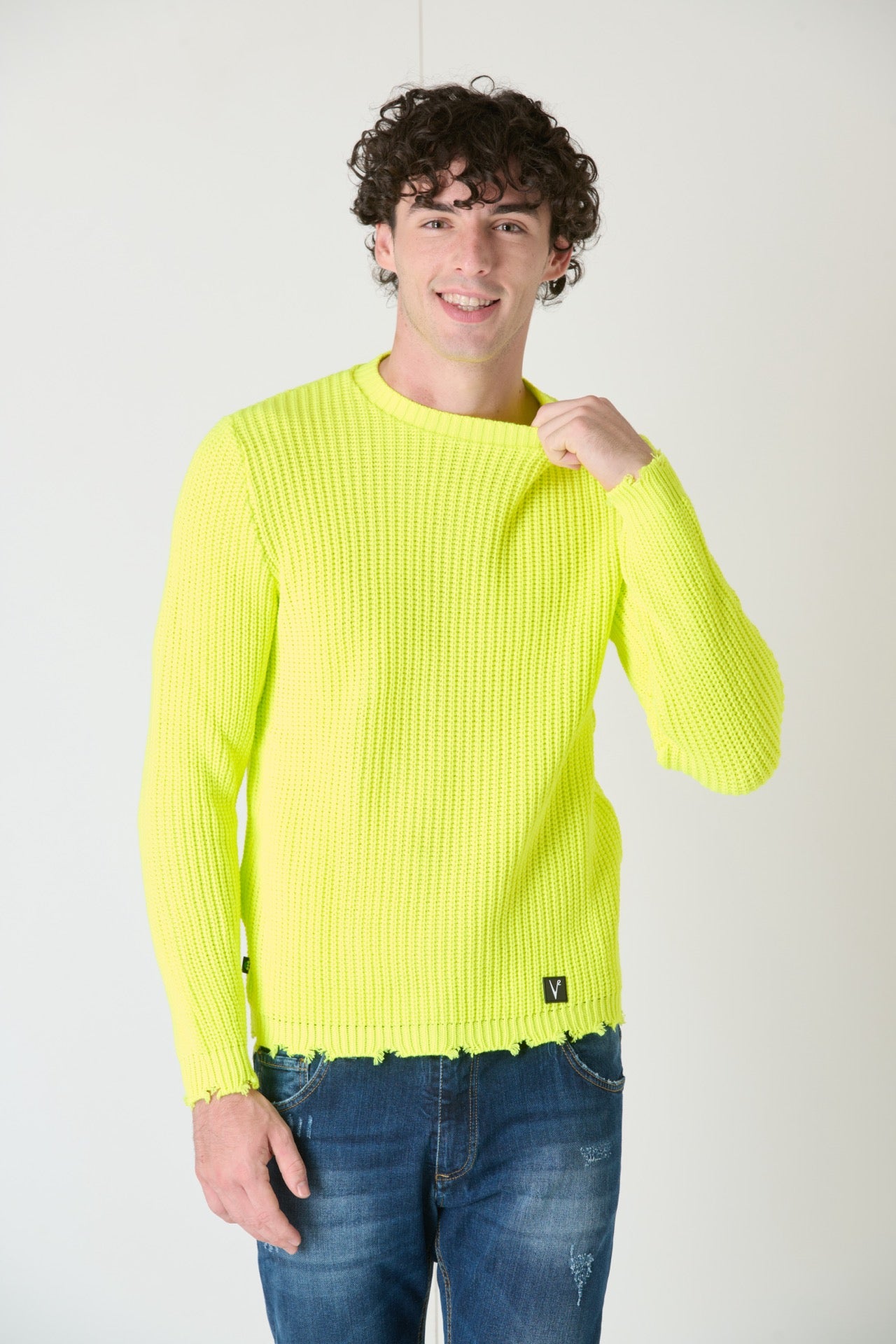 Fluorescent Yellow Ripped Crewneck Sweater