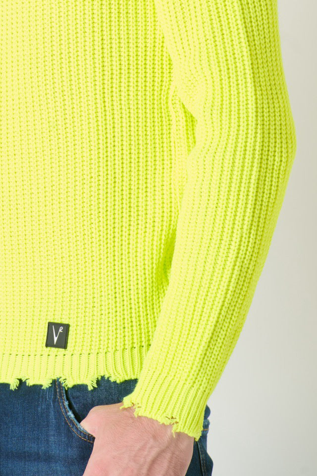 Maglione Girocollo con Strappi Giallo Fluo