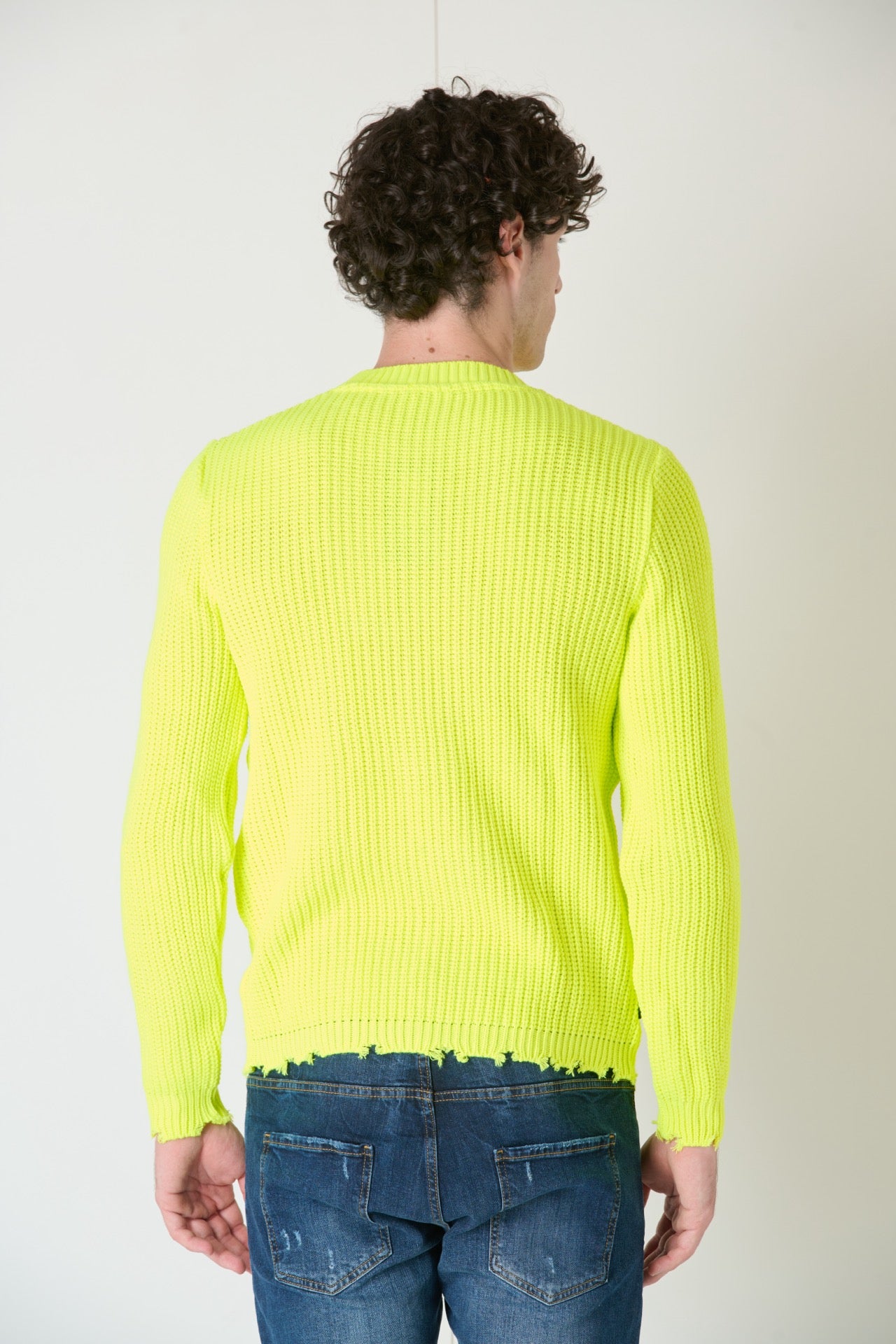 Maglione Girocollo con Strappi Giallo Fluo