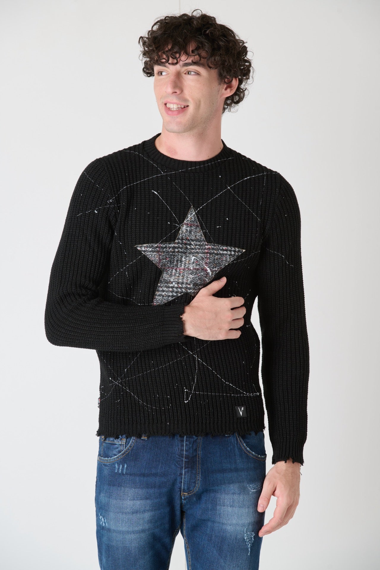 Black Ripped Crewneck Sweater with V2 Fabric Star and Paint Splatter