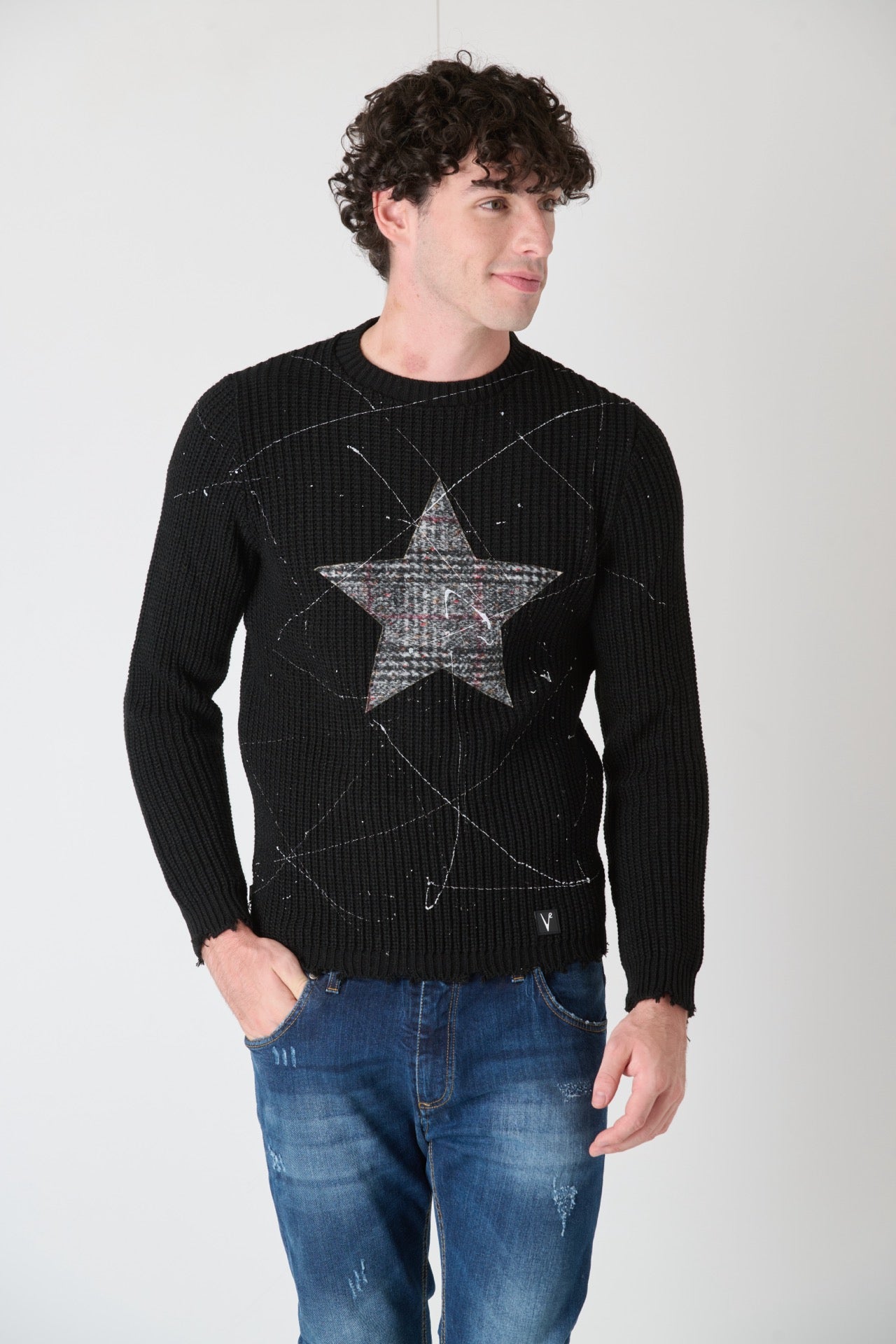 Black Ripped Crewneck Sweater with V2 Fabric Star and Paint Splatter